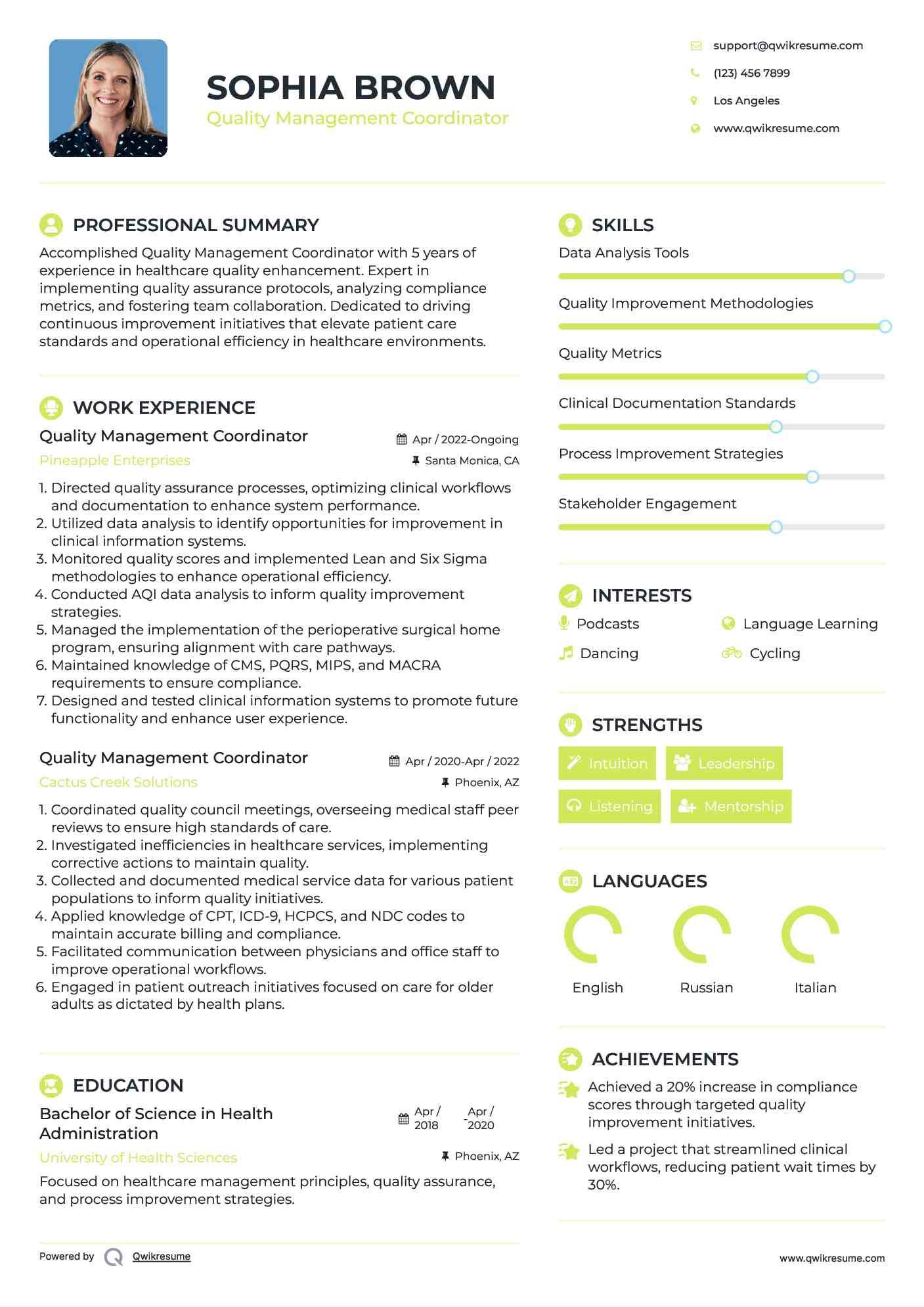 Quality Management Coordinator Resume Template