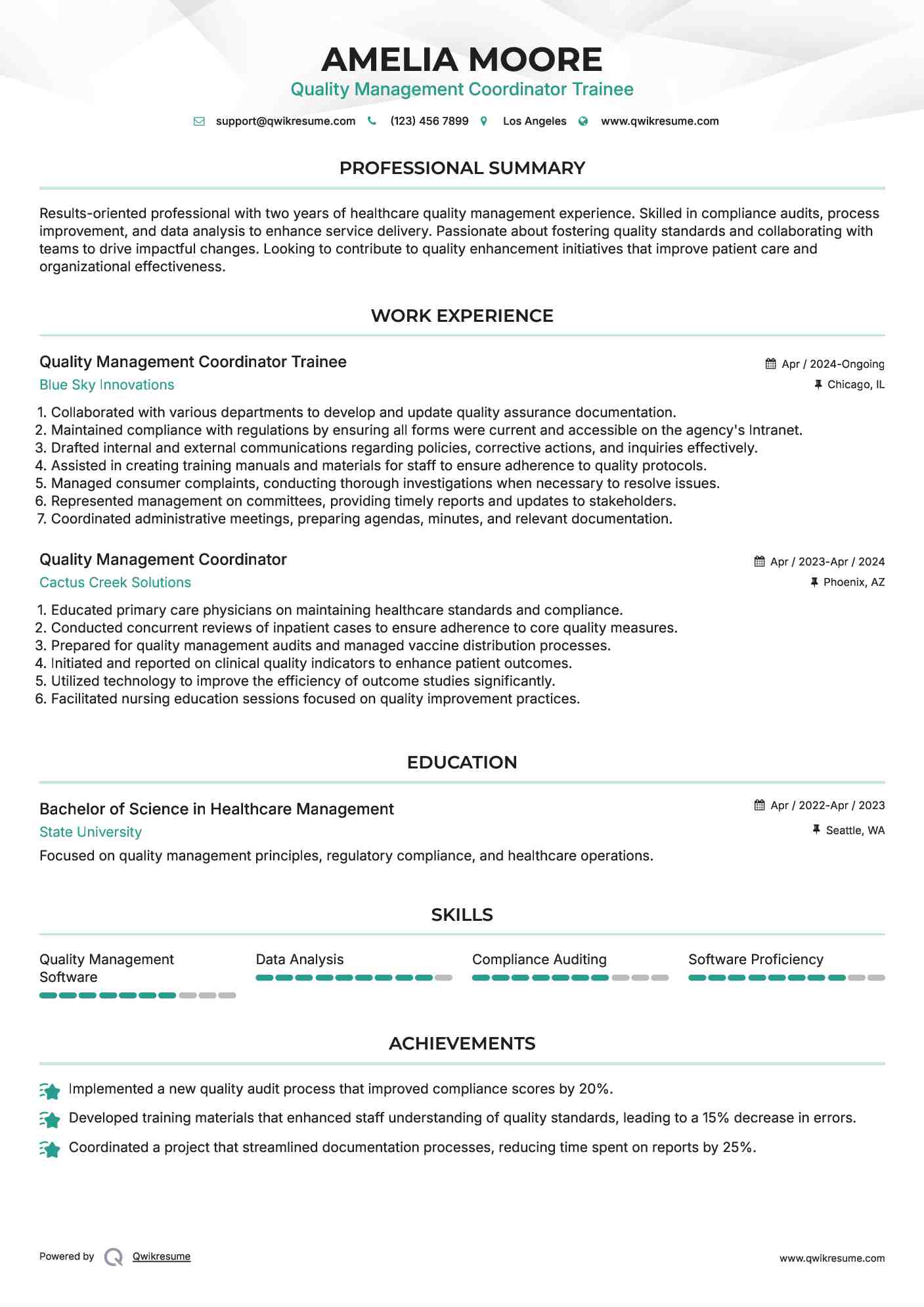 Quality Management Coordinator Trainee Resume Model