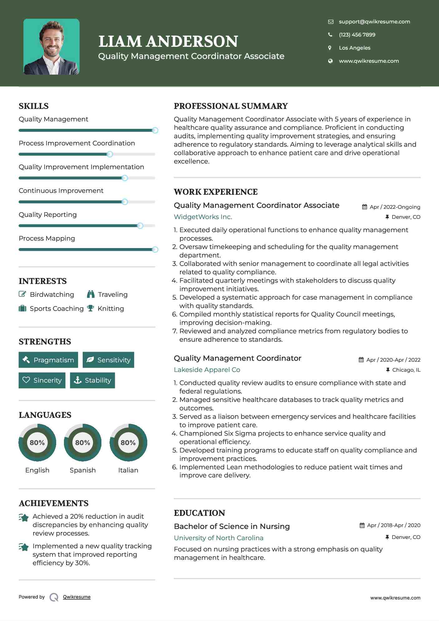 Quality Management Coordinator Associate Resume Example