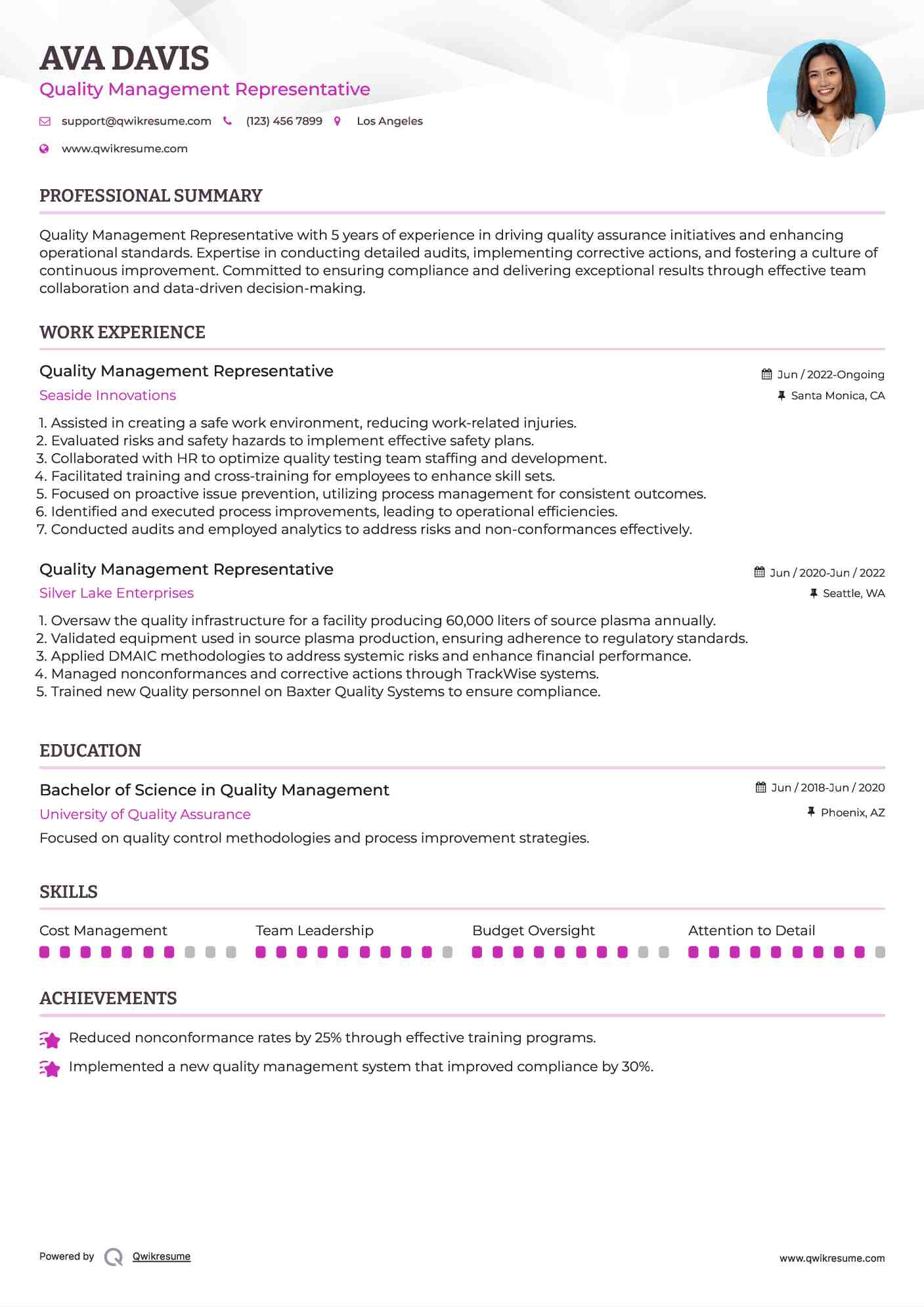 Quality Management Representative Resume Template