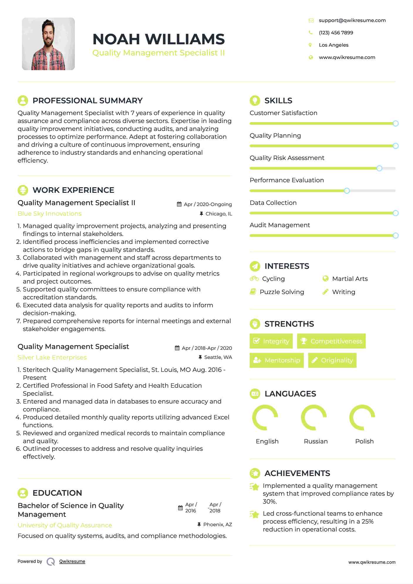 Quality Management Specialist II Resume Model