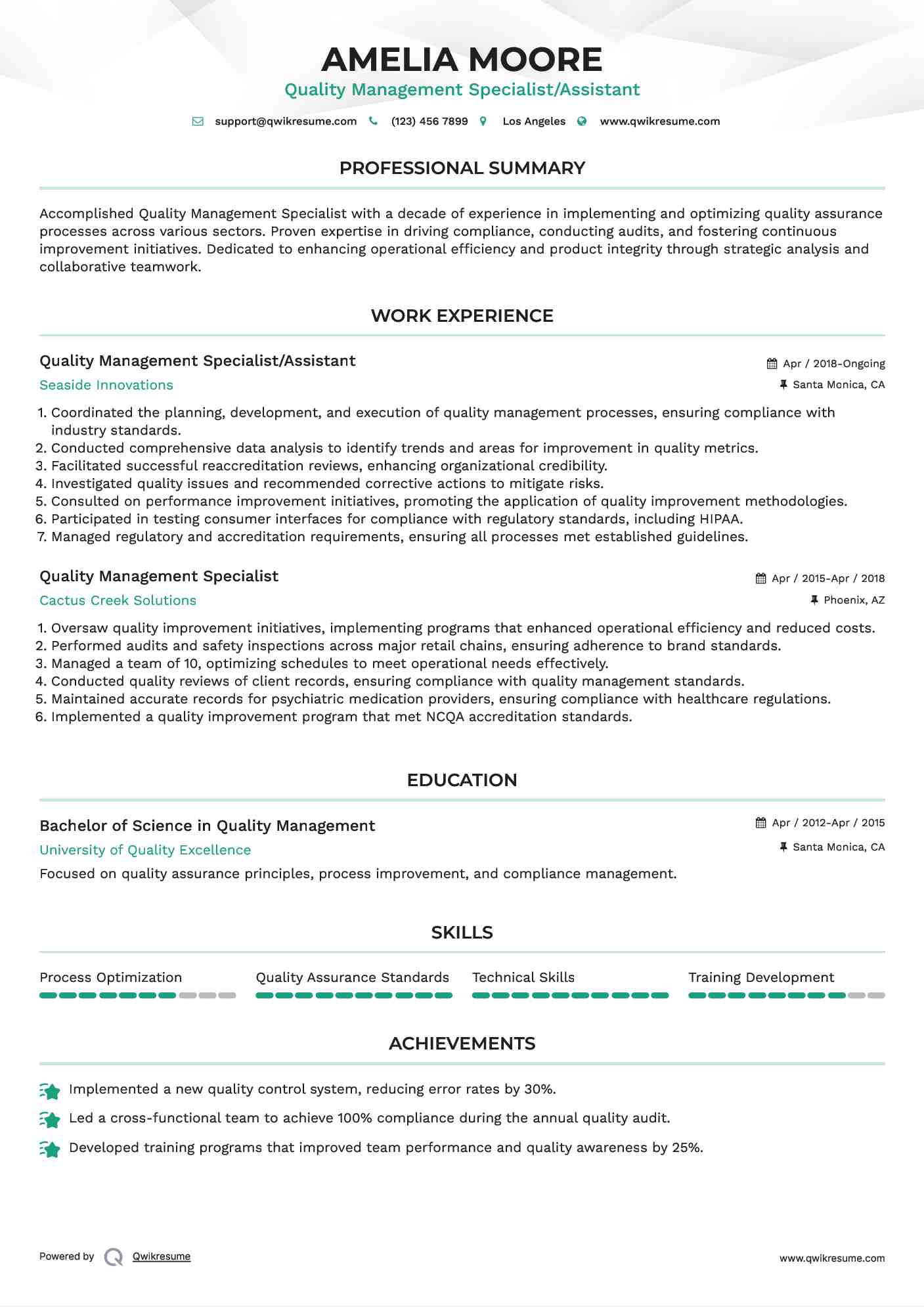 Quality Management Specialist/Assistant Resume Template