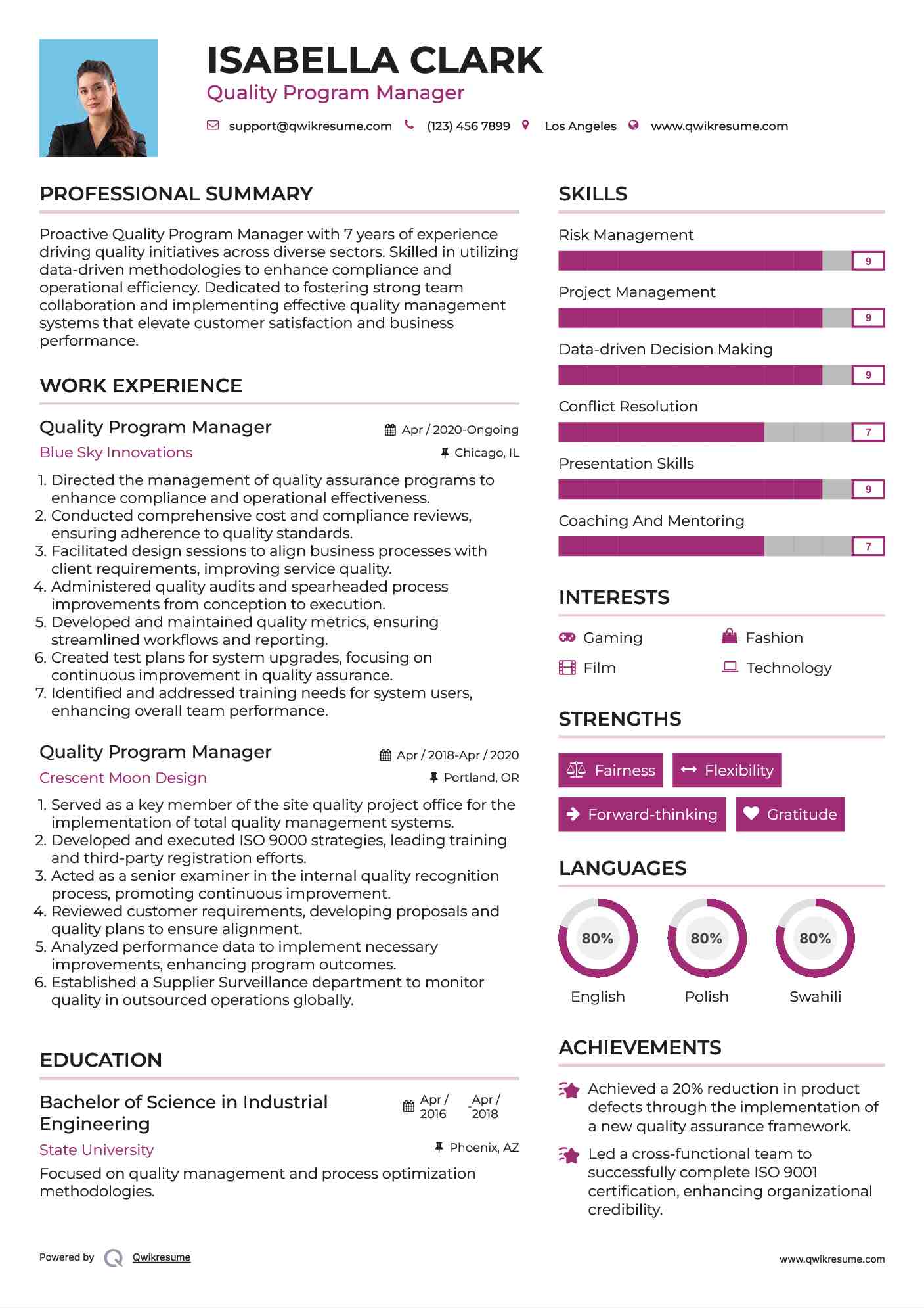Quality Program Manager Resume Format