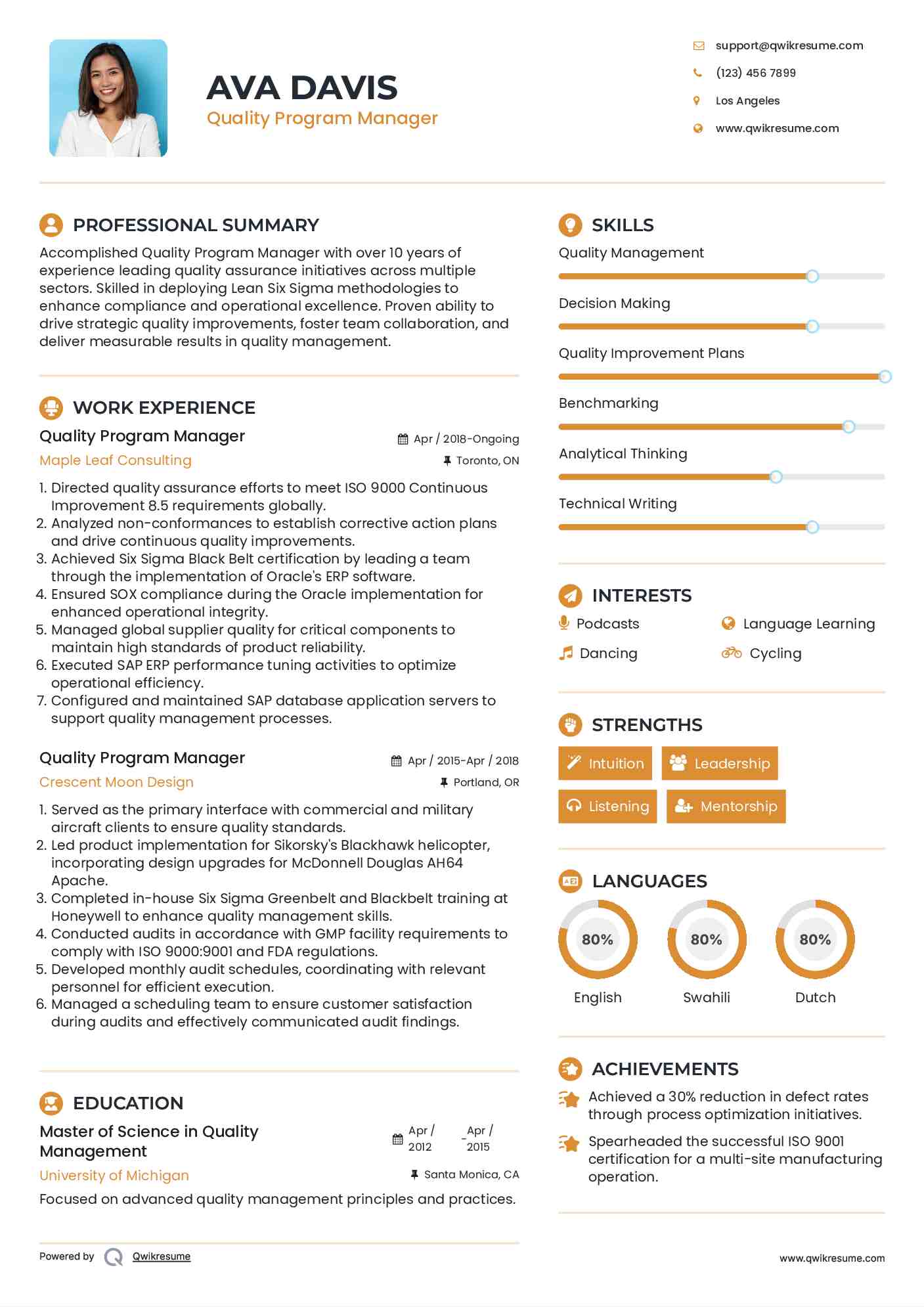 Quality Program Manager Resume Model