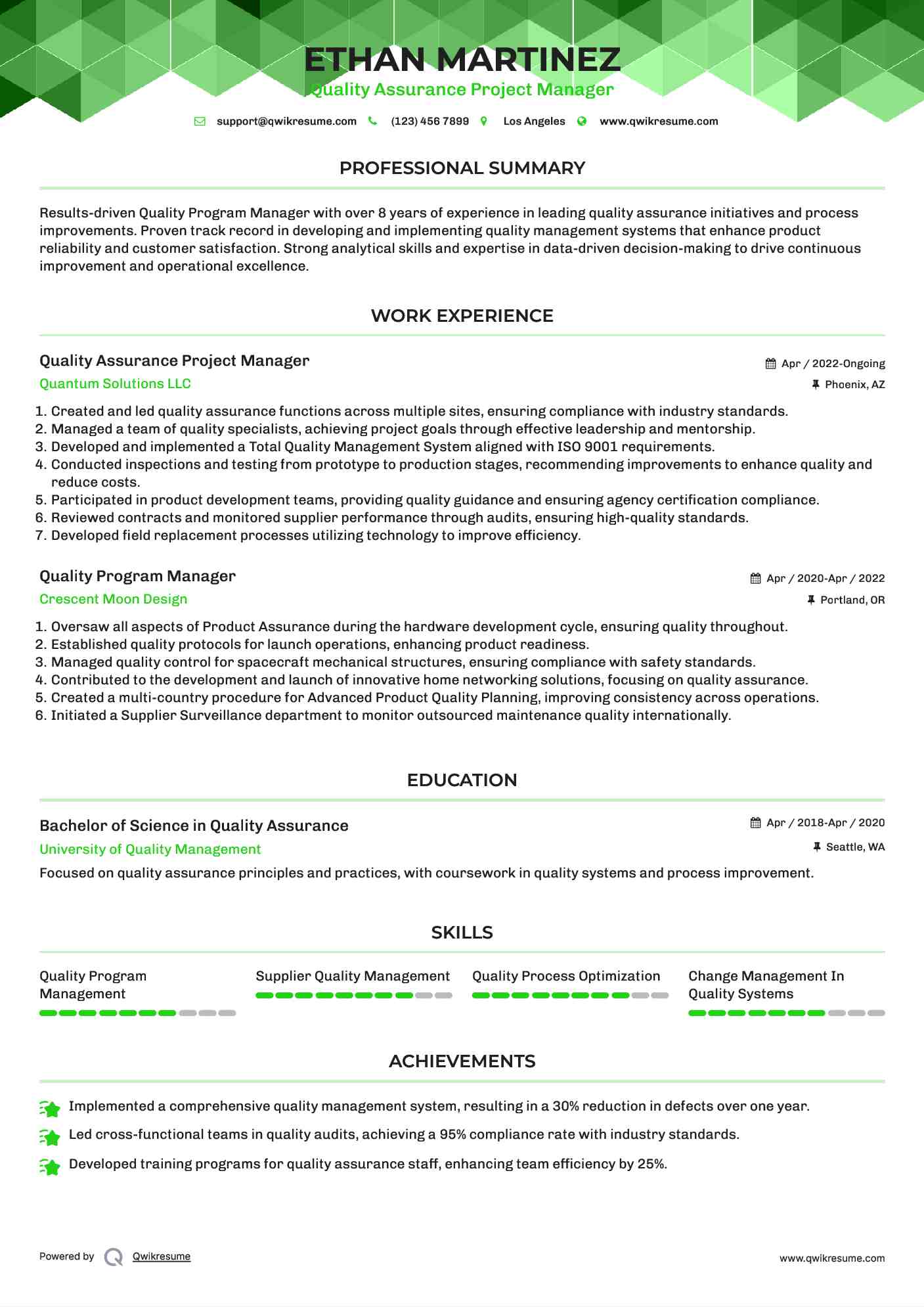 Quality Assurance Project Manager Resume Sample
