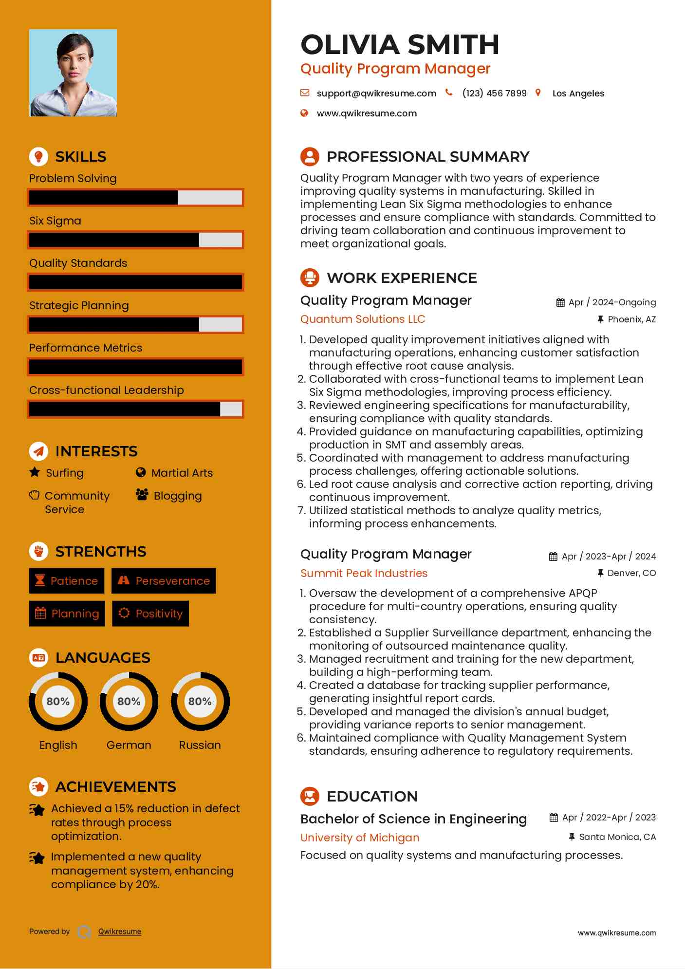 Quality Program Manager Resume Example