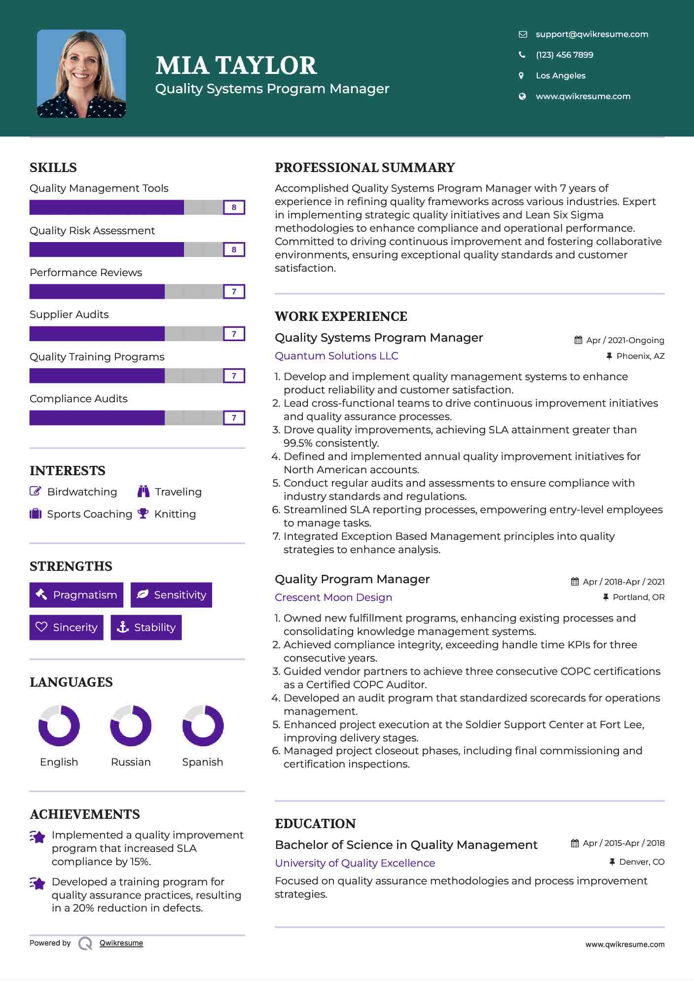 Quality Systems Program Manager Resume Template