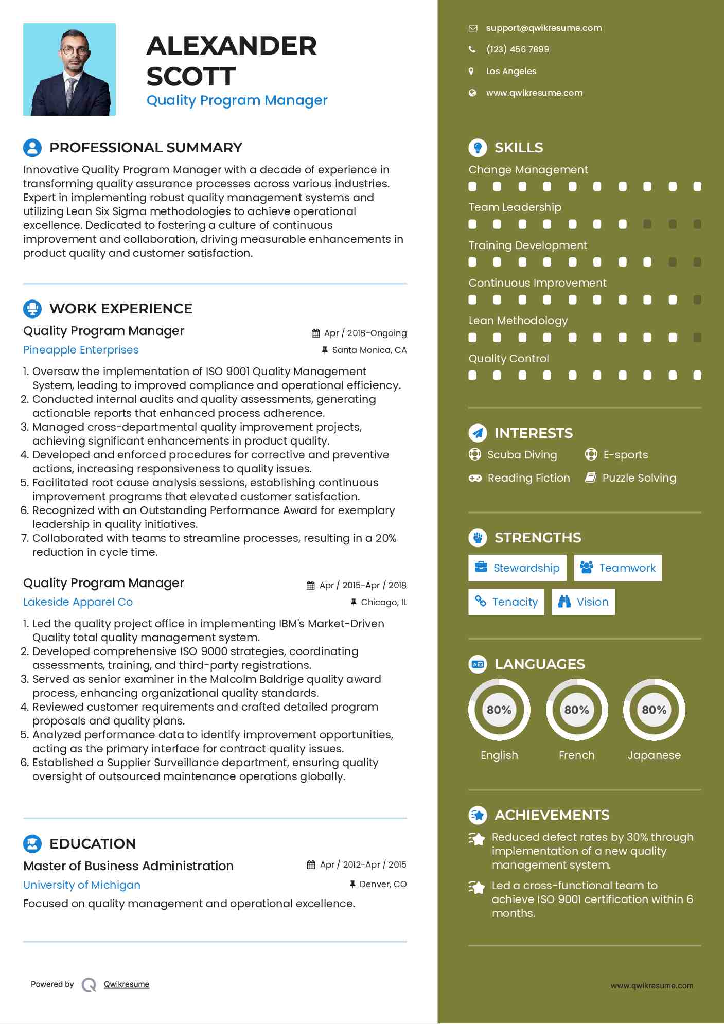 Quality Program Manager Resume Template