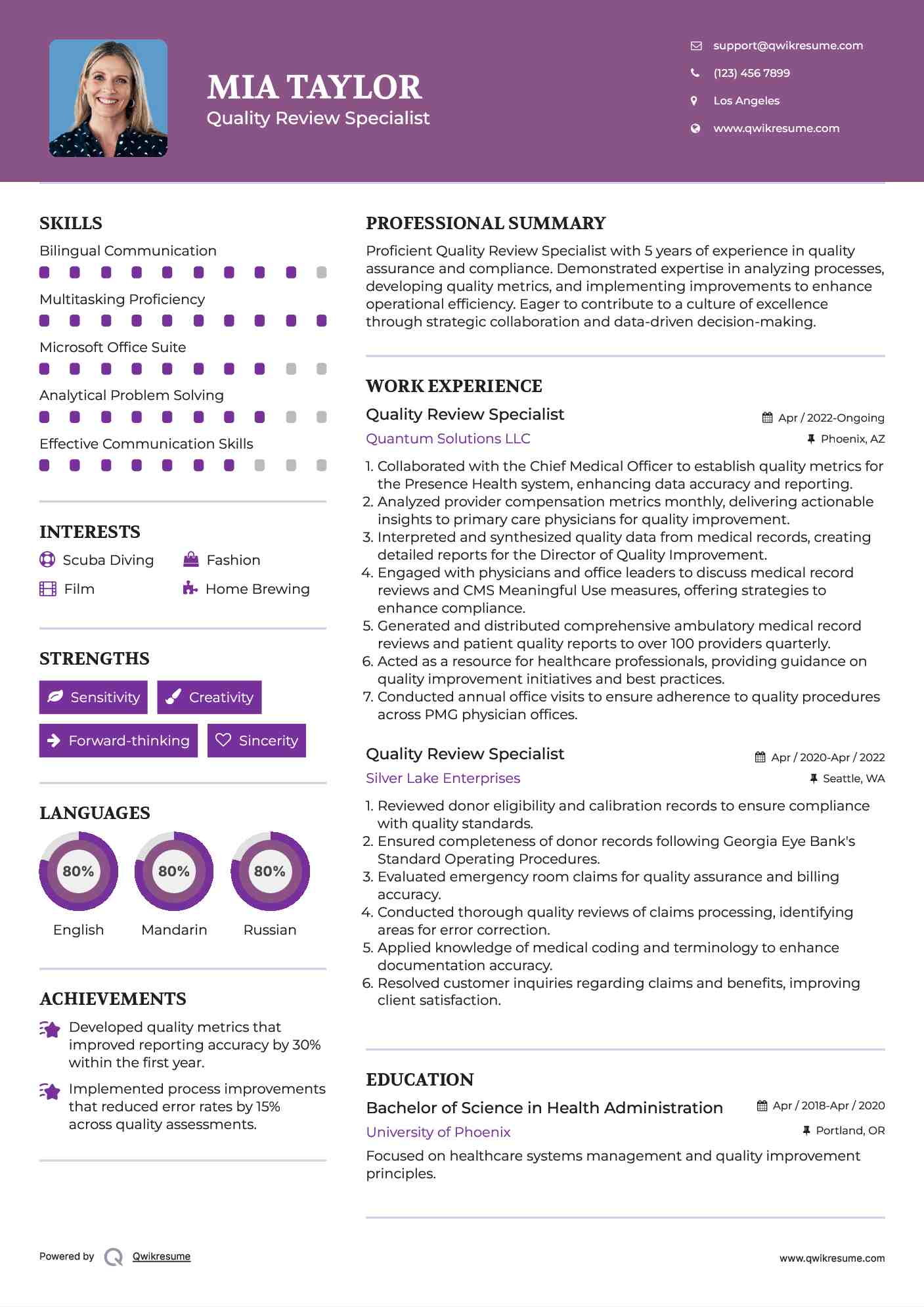 Quality Review Specialist Resume Example
