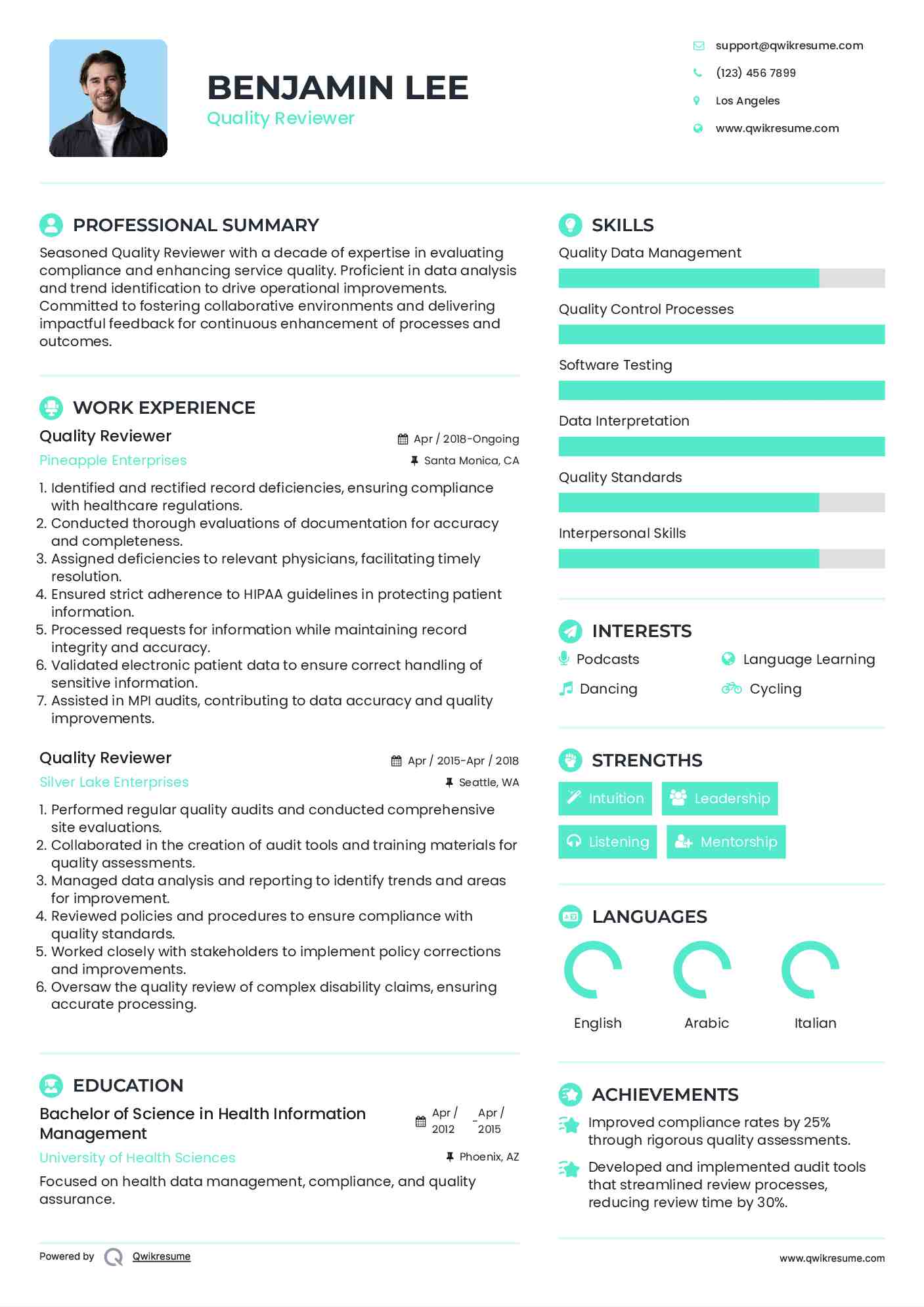 Quality Reviewer Resume Example