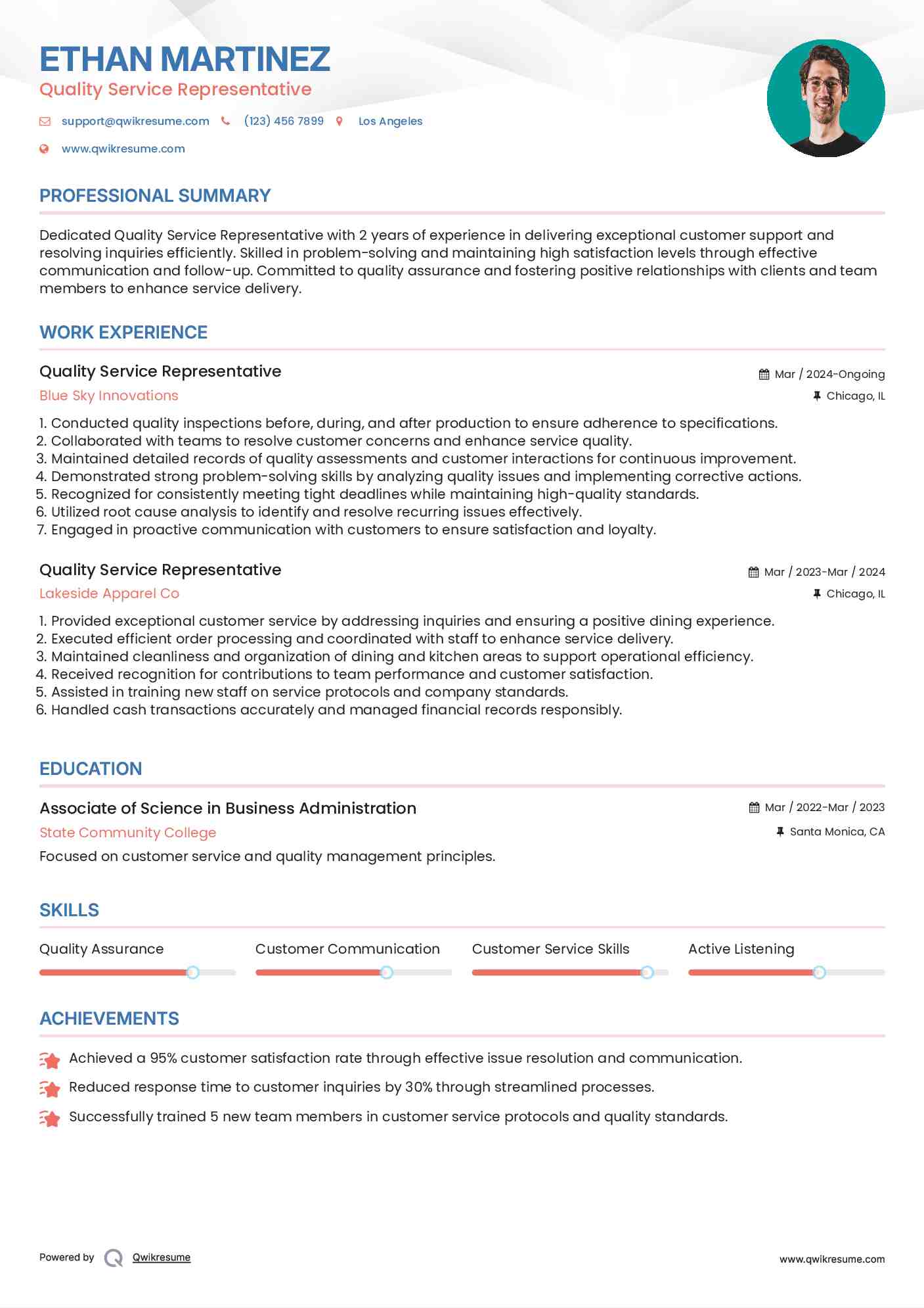 Quality Service Representative Resume Example