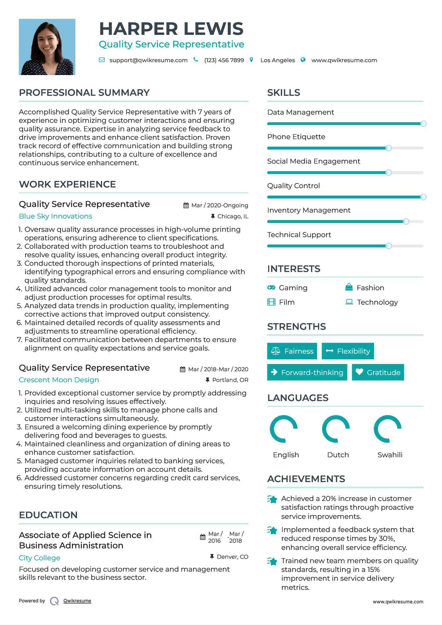 Quality Service Representative Resume Example