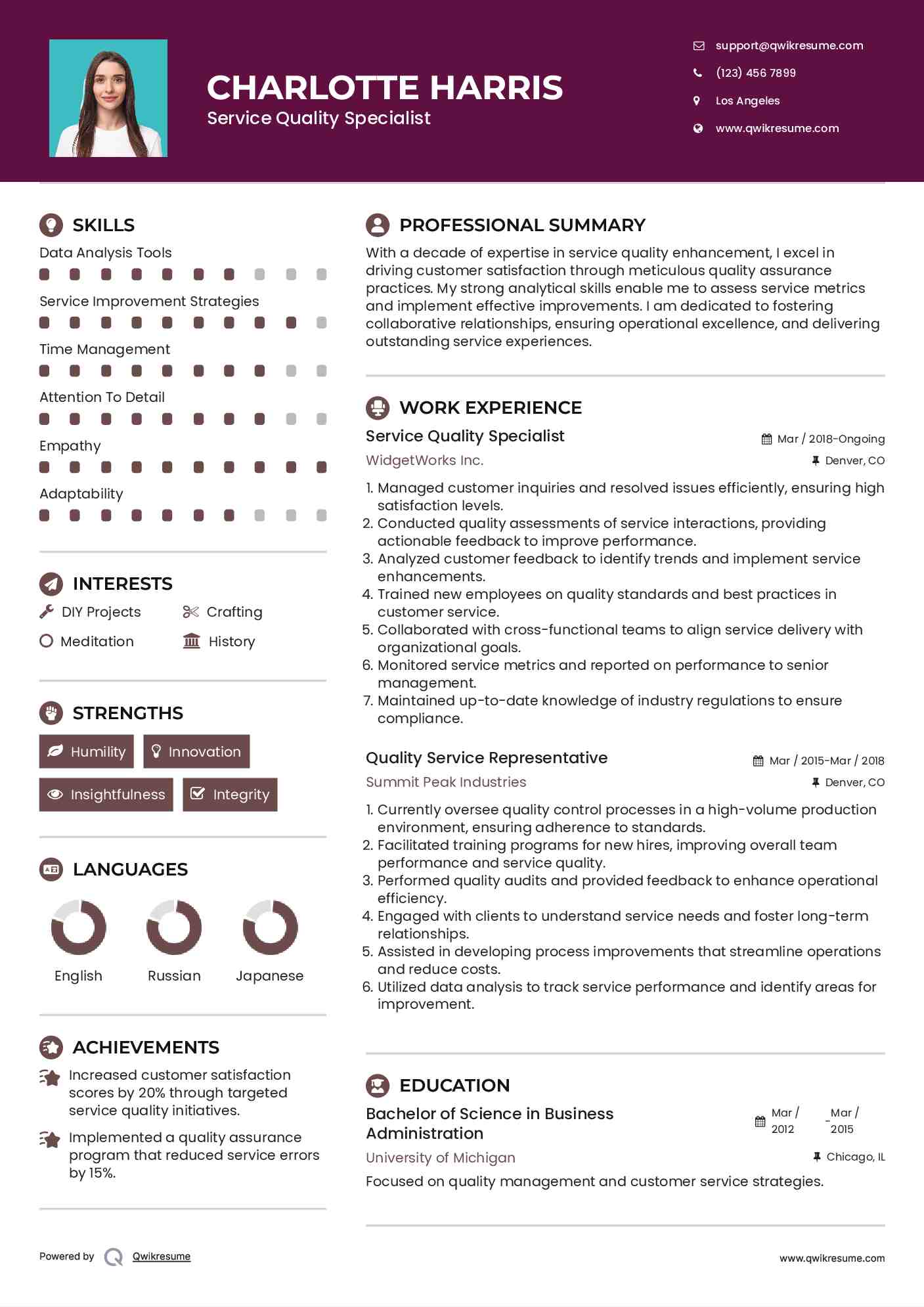 Service Quality Specialist Resume Example