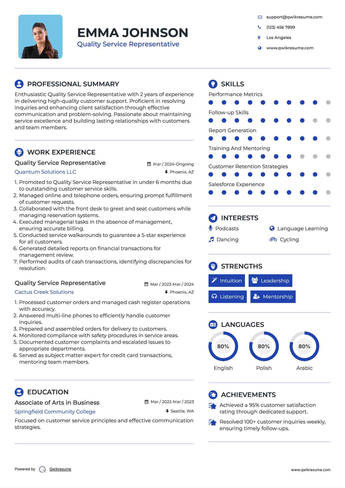 Quality Service Representative Resume Format