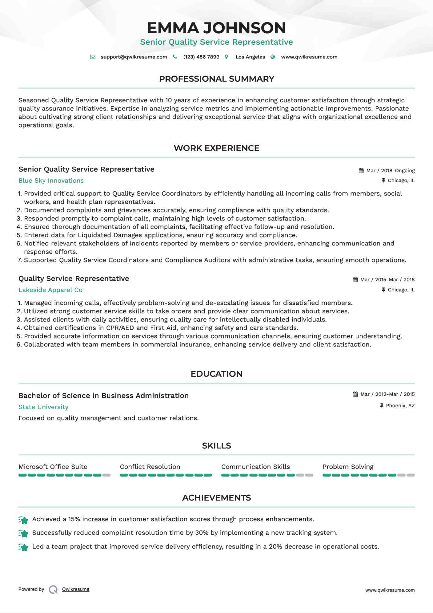 Senior Quality Service Representative Resume Format