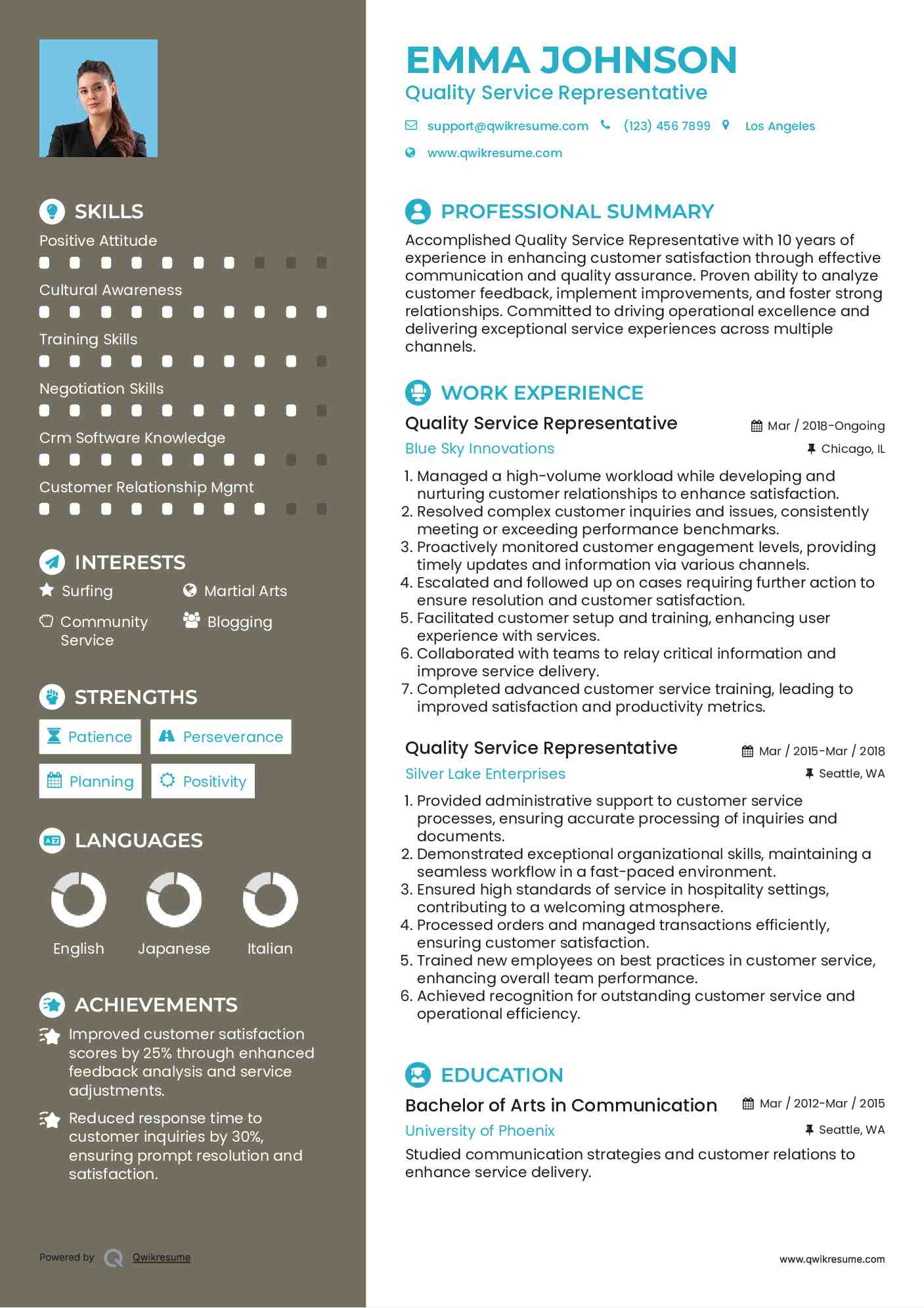 Quality Service Representative Resume Format