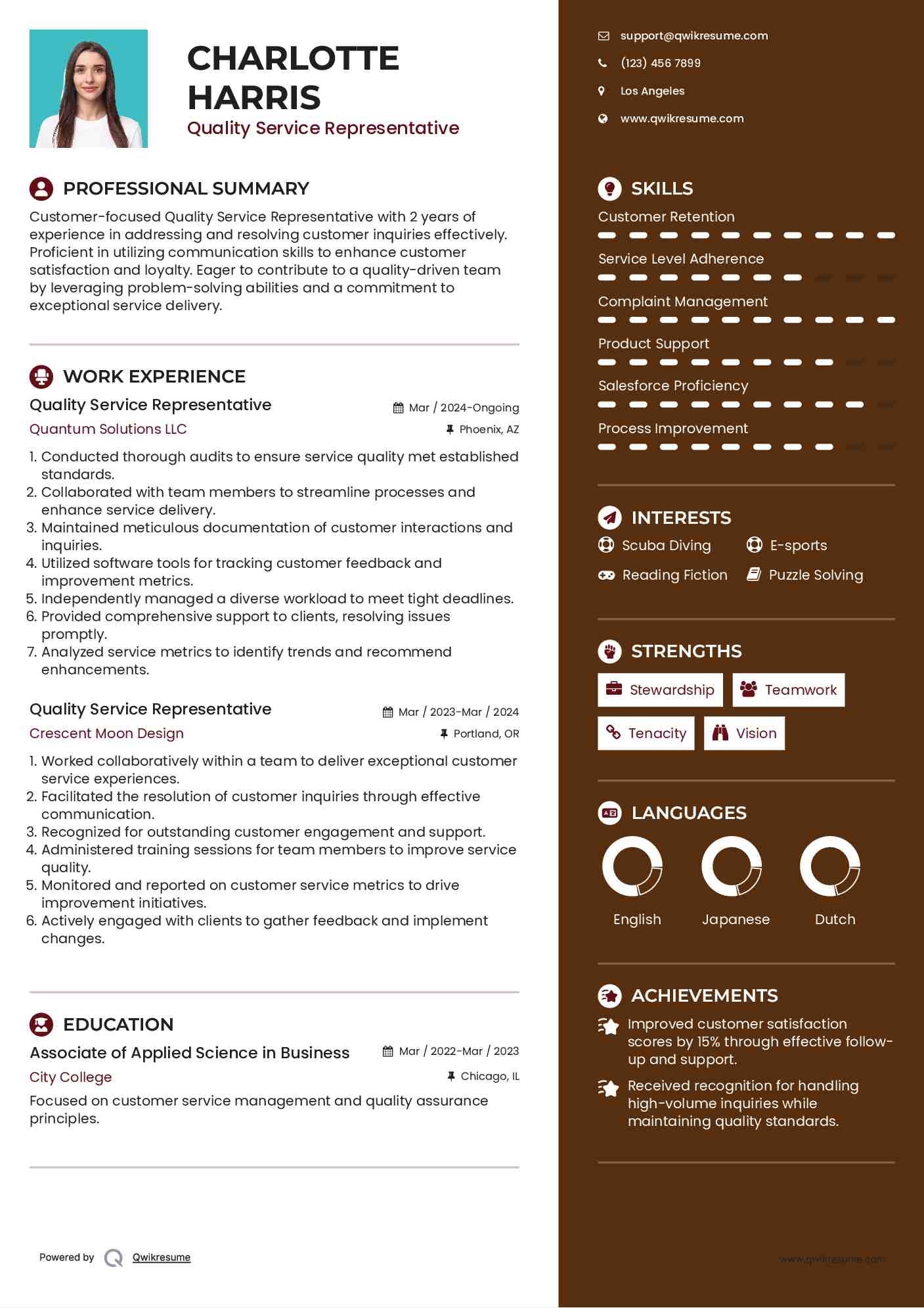 Quality Service Representative Resume Example