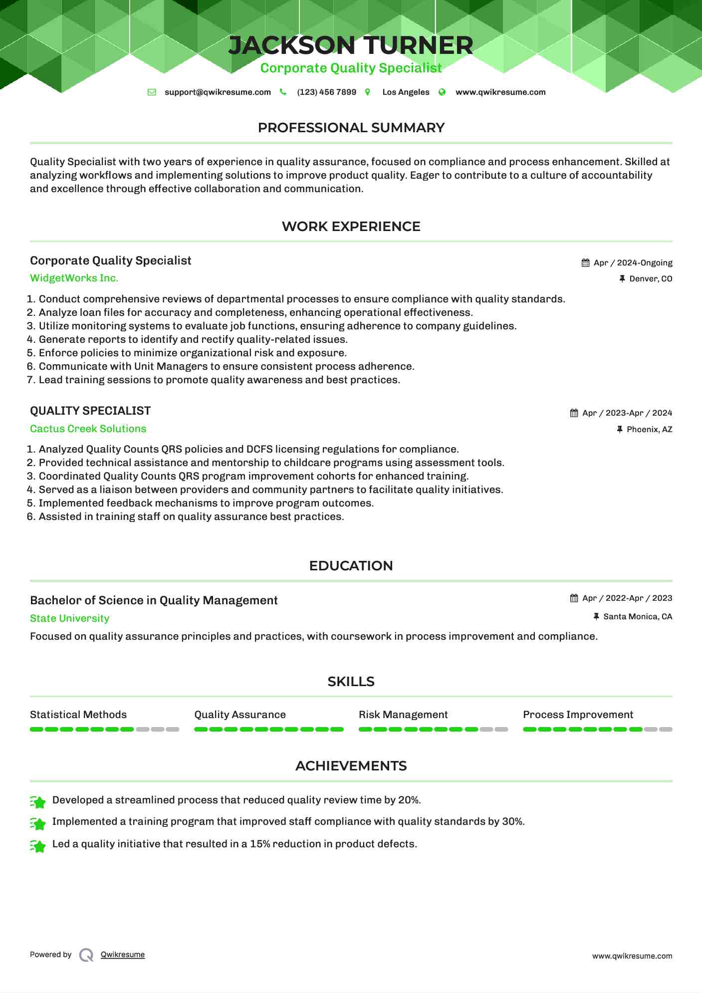 Corporate Quality Specialist Resume Example