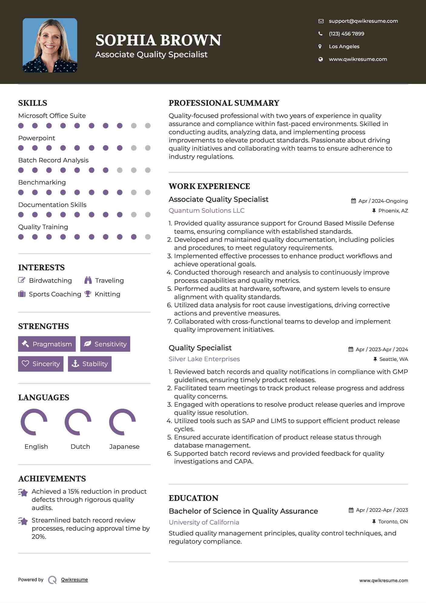 Associate Quality Specialist  Resume Sample