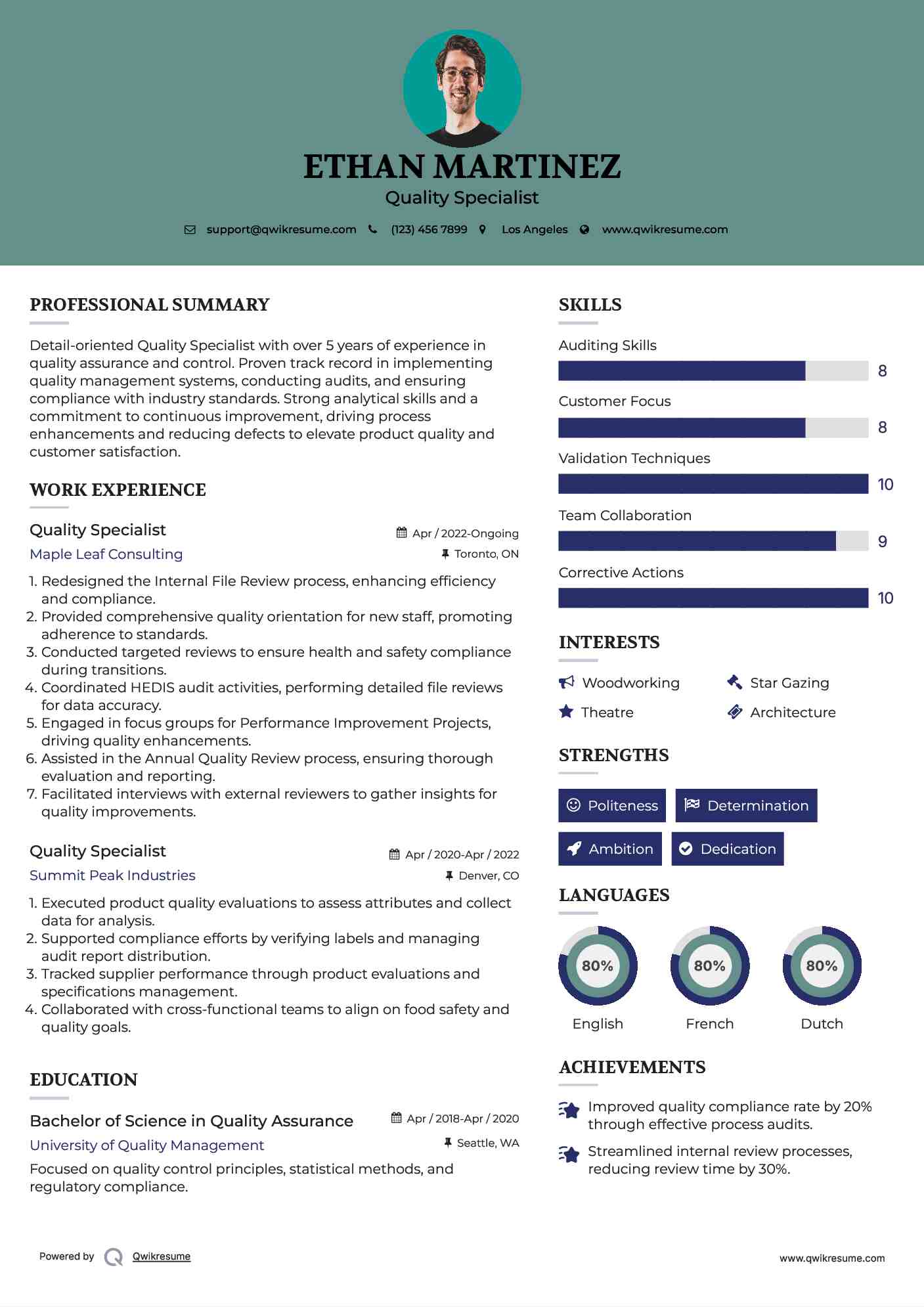 Quality Specialist Resume Example