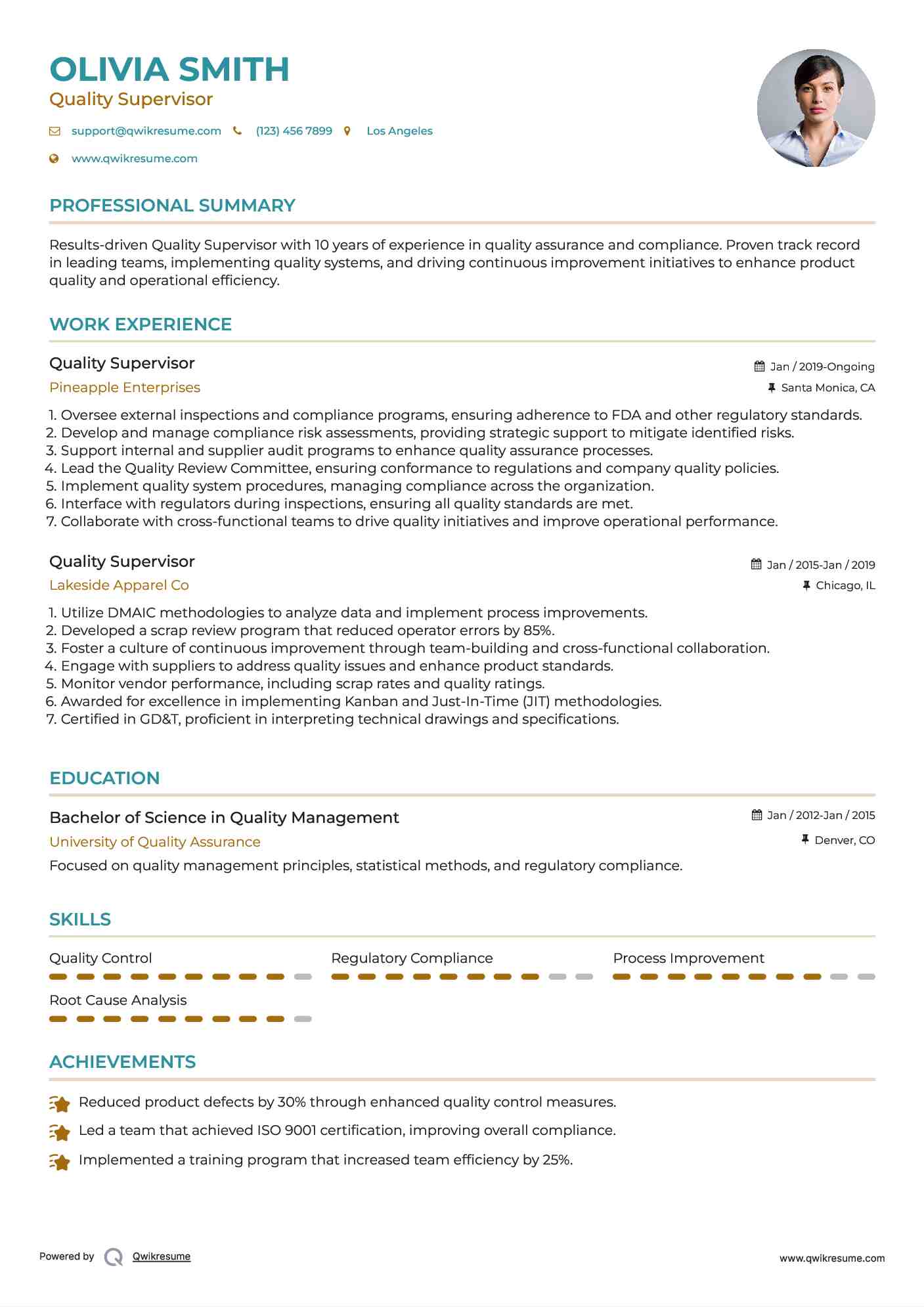 Quality Supervisor Resume Sample