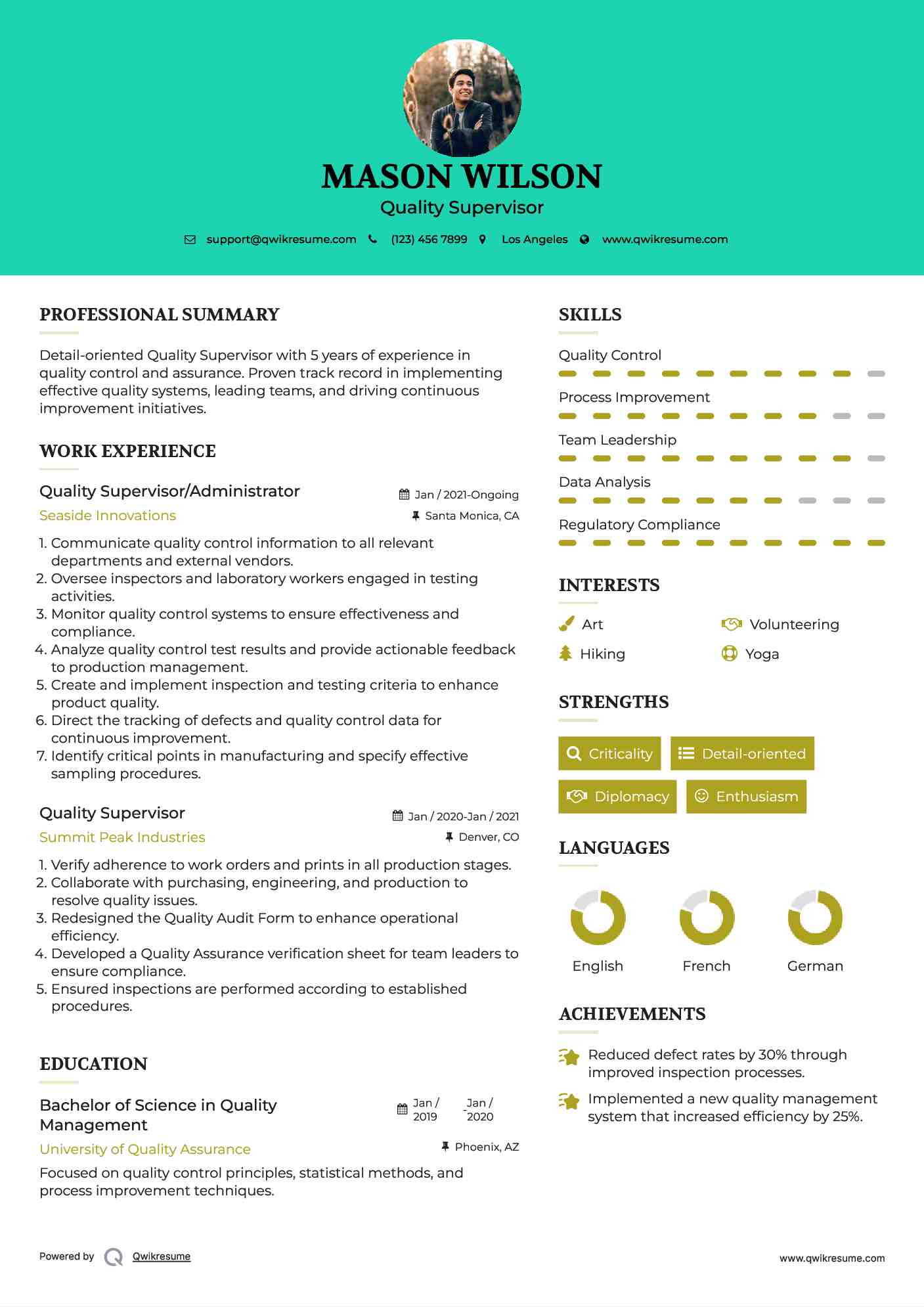 Quality Supervisor/Administrator Resume Format