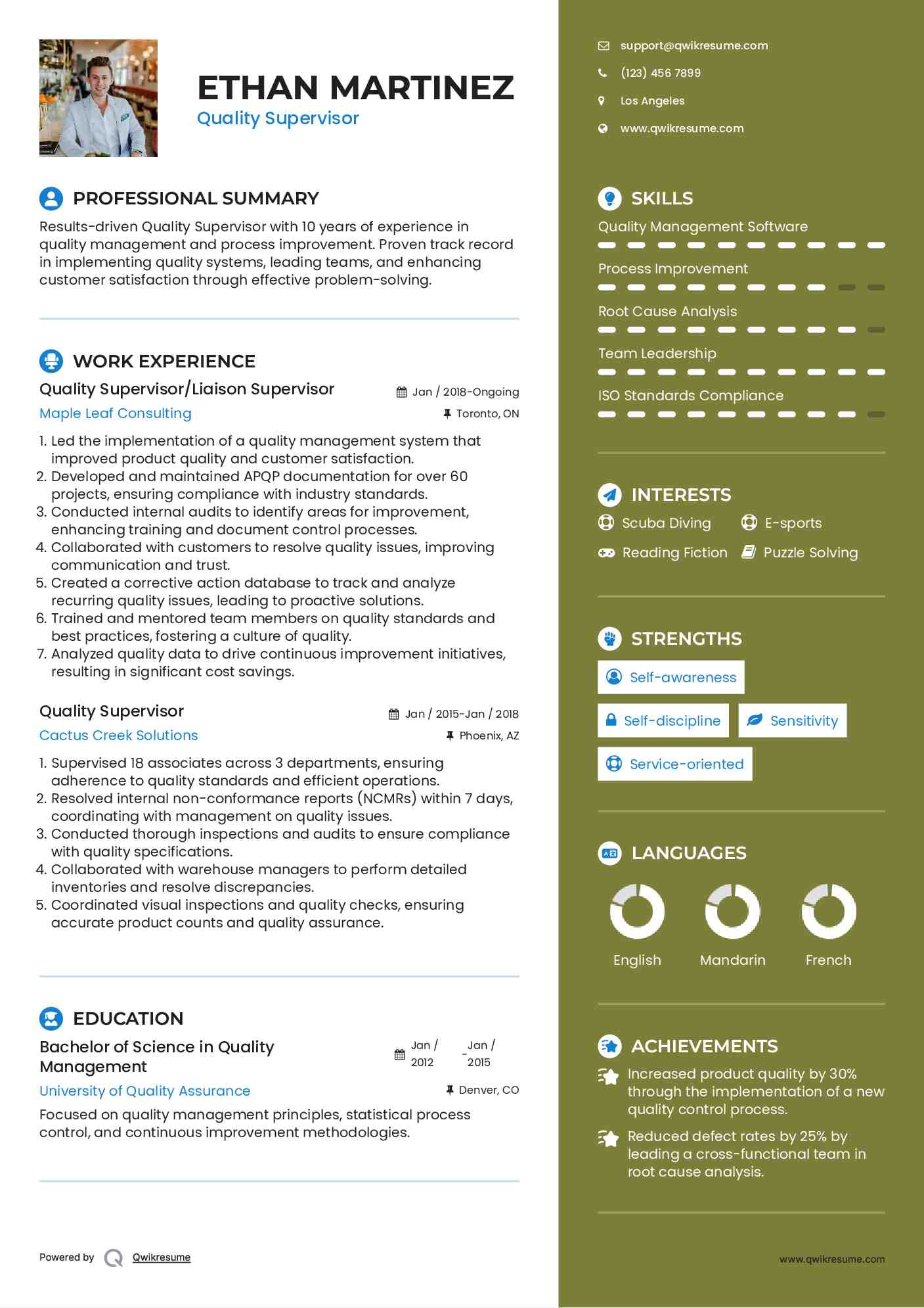 Quality Supervisor/Liaison Supervisor Resume Model