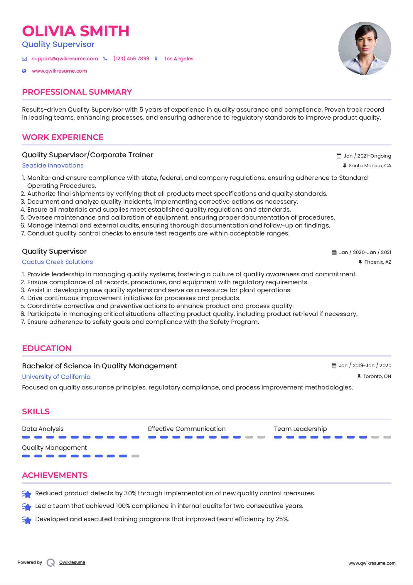Quality Supervisor/Corporate Trainer Resume Example