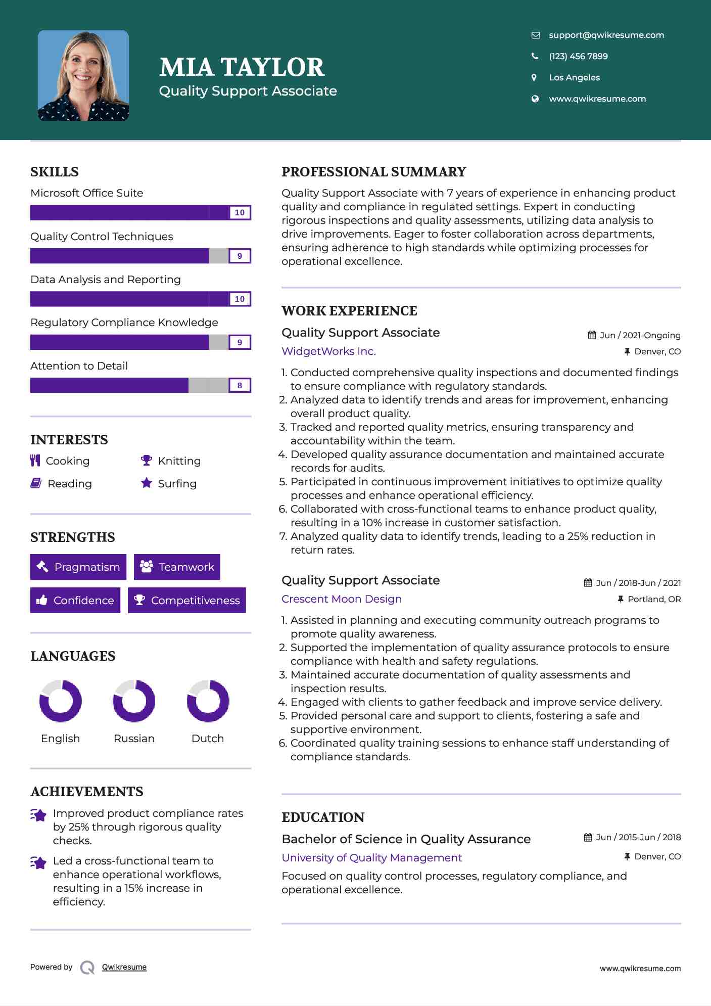 Quality Support Associate Resume Example