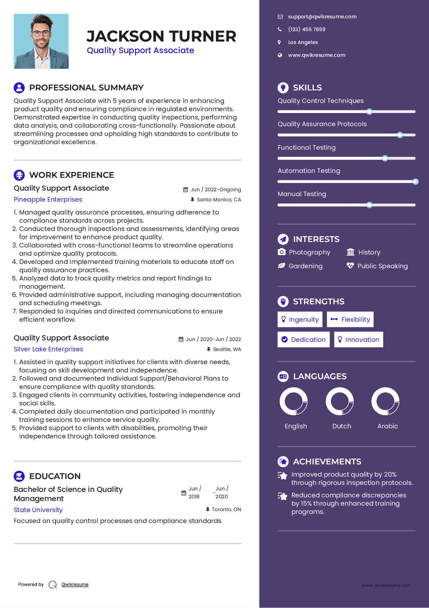 Quality Support Associate Resume Format