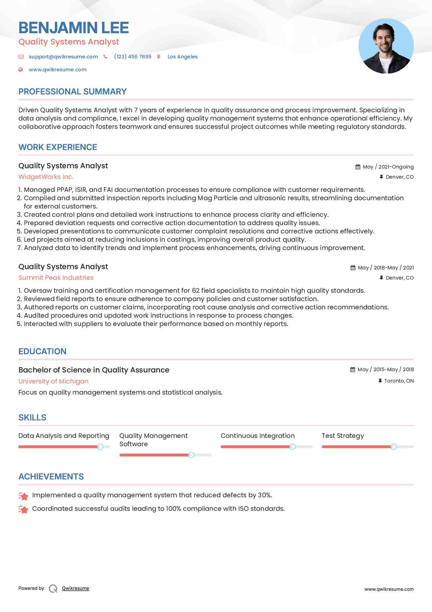 Quality Systems Analyst Resume Example