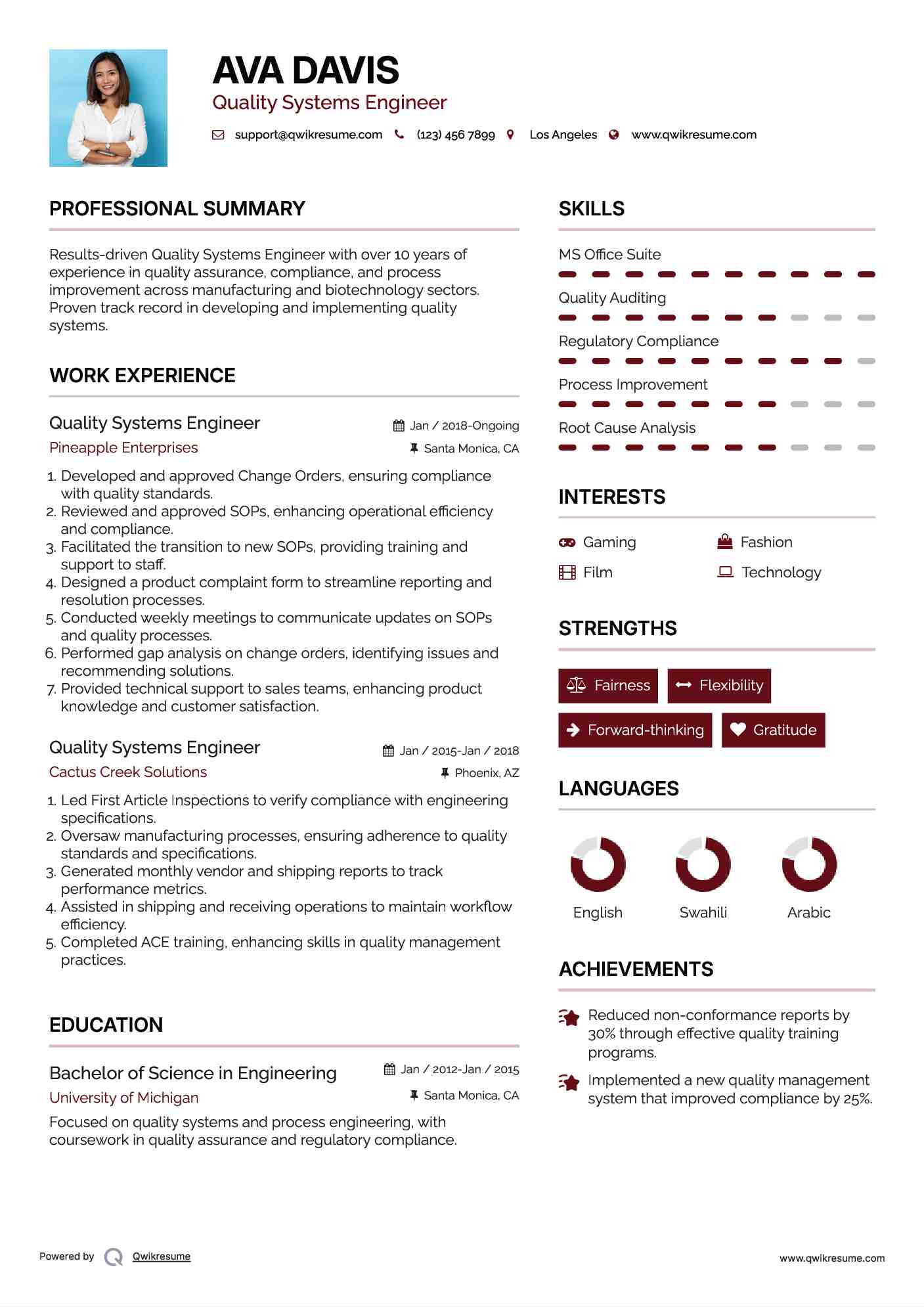 Quality Systems Engineer Resume Format
