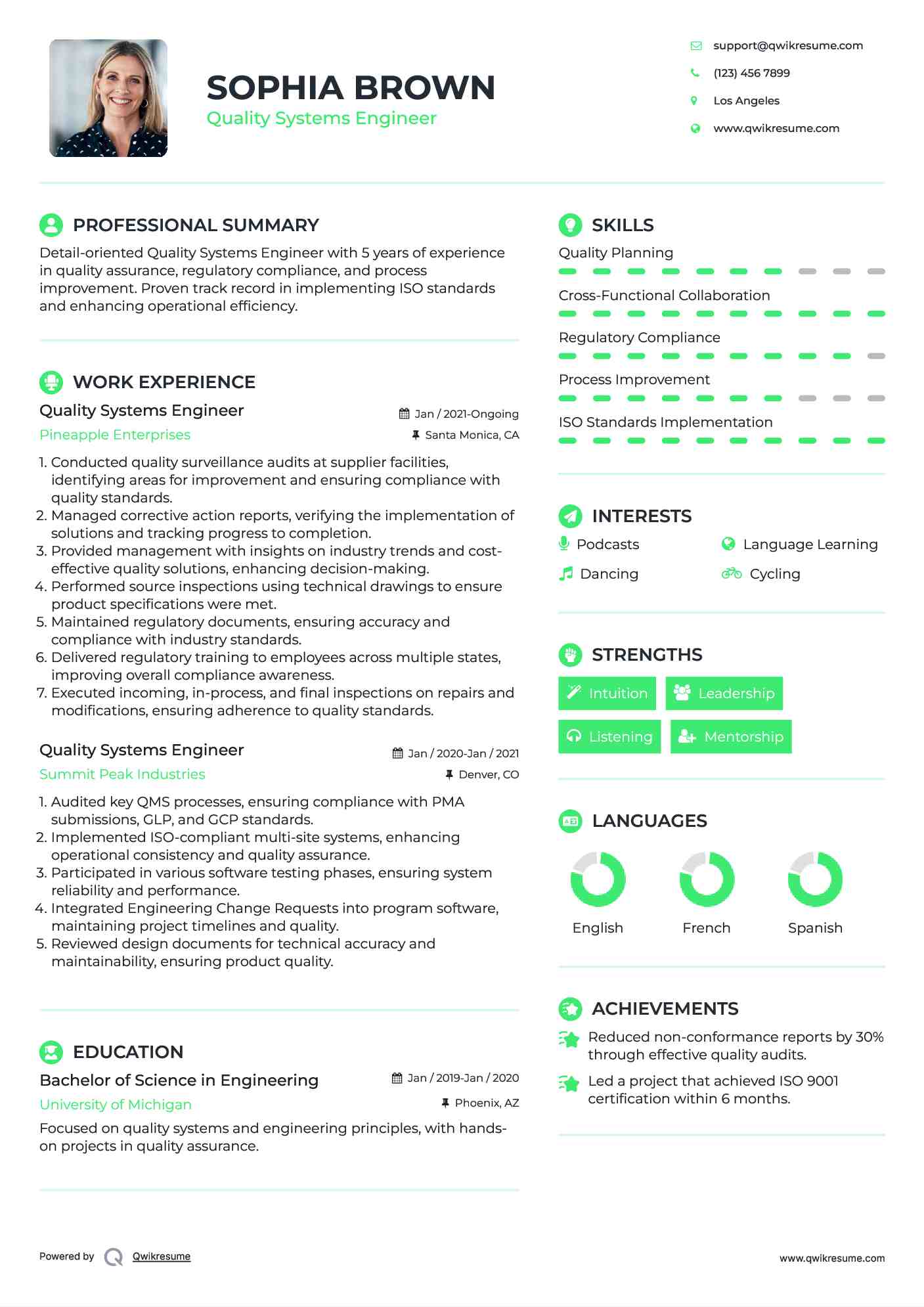 Quality Systems Engineer Resume Model