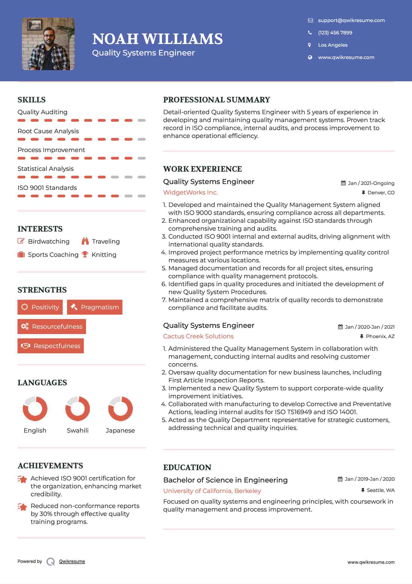 Quality Systems Engineer Resume Sample