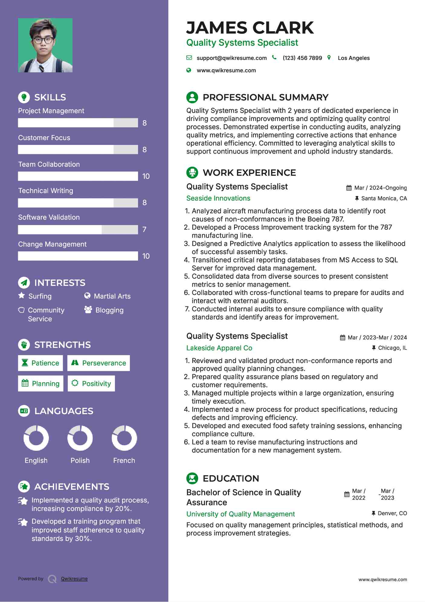Quality Systems Specialist Resume Samples QwikResume