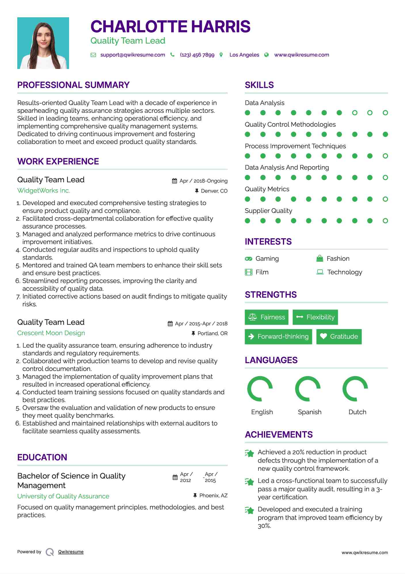 Quality Team Lead Resume Example