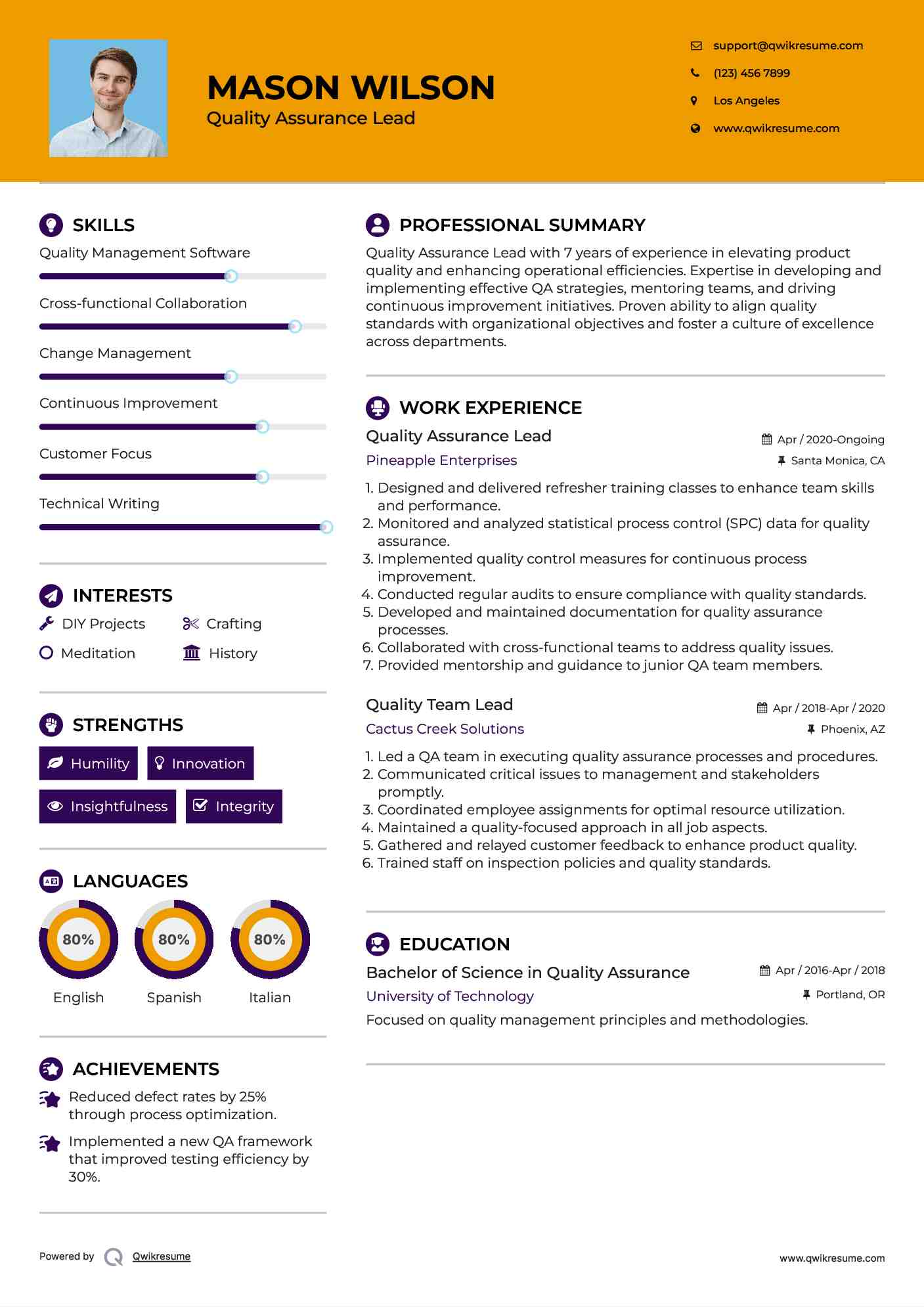Quality Assurance Lead Resume Example