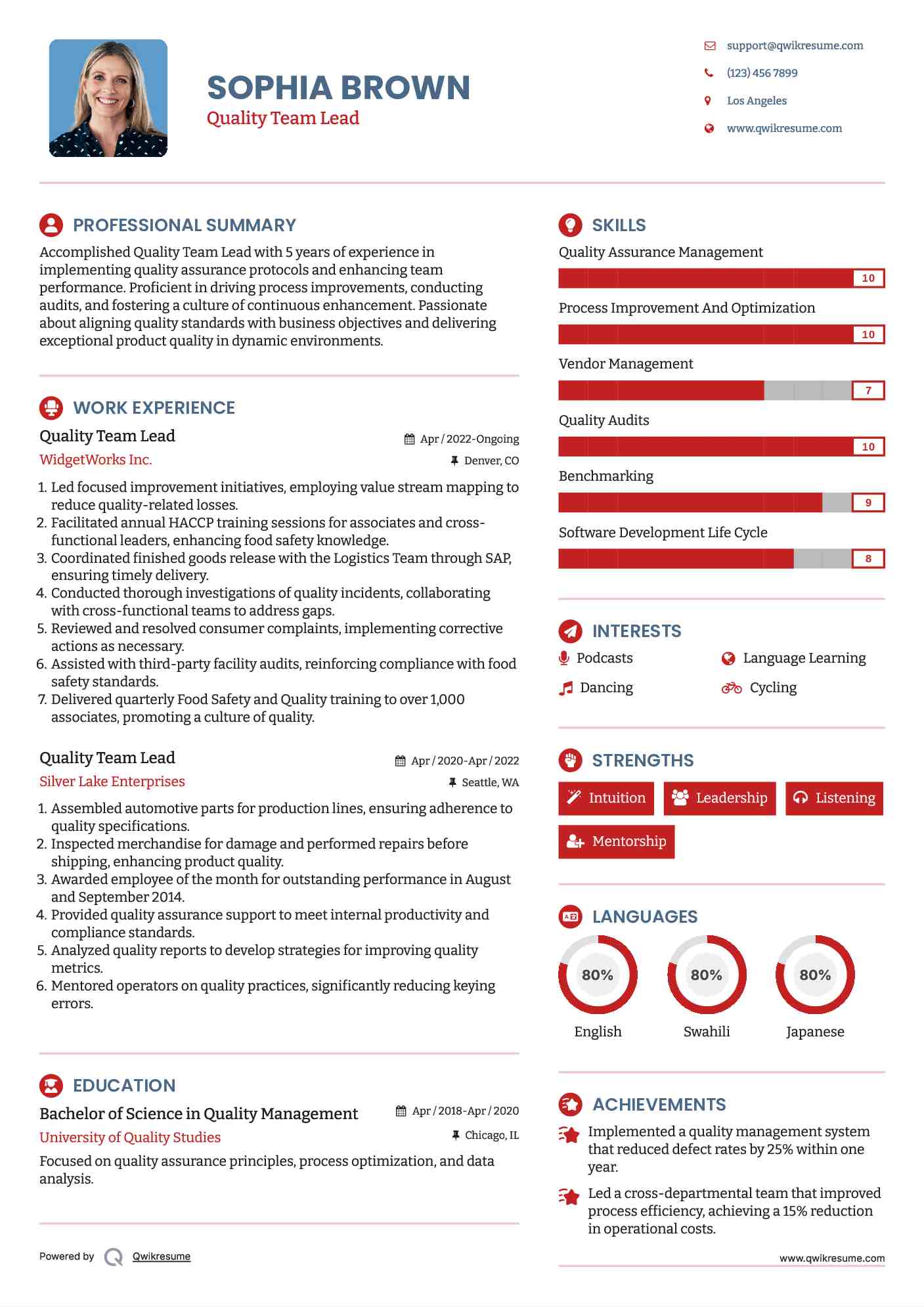 Quality Team Lead Resume Template