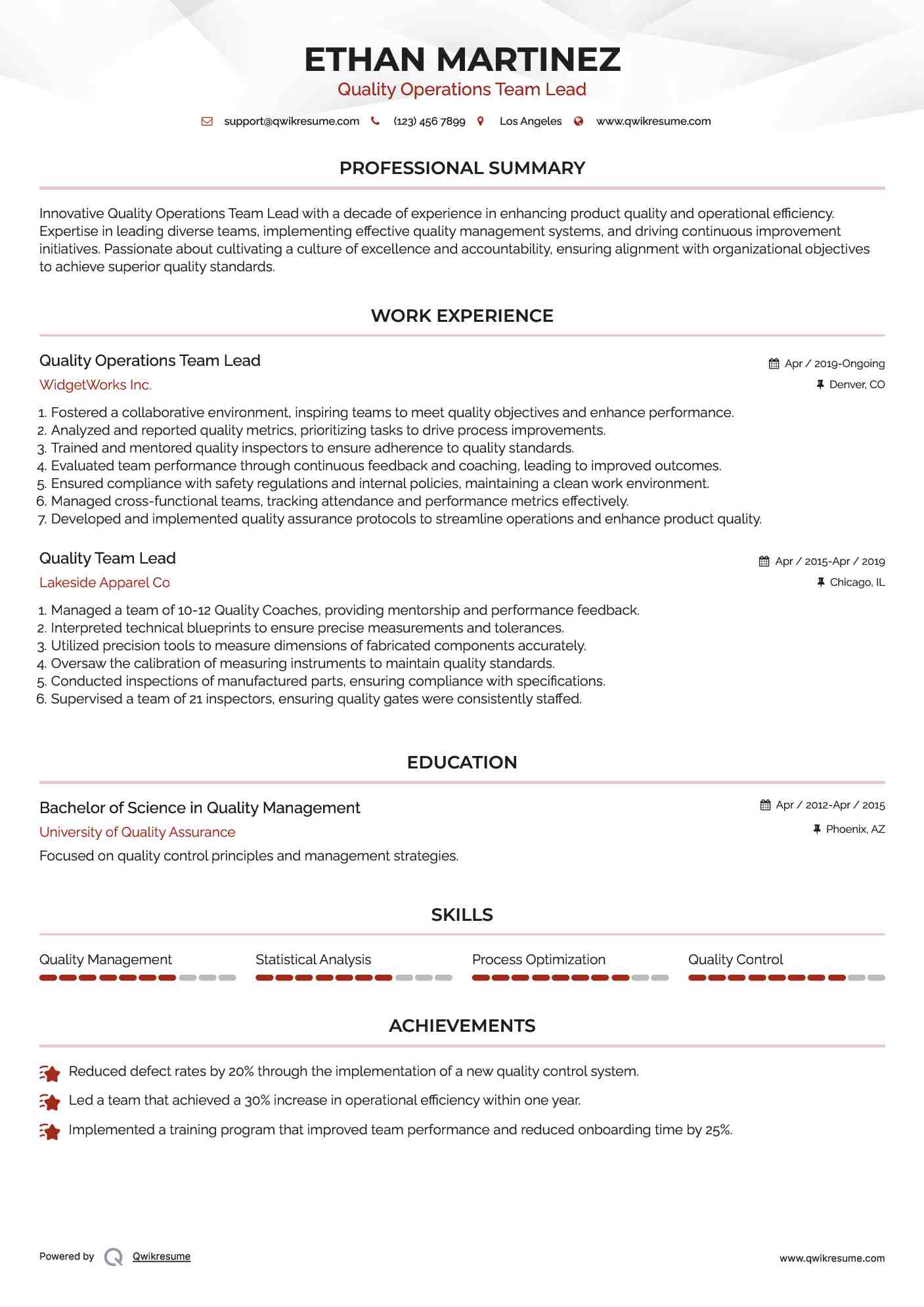 Quality Operations Team Lead Resume Template