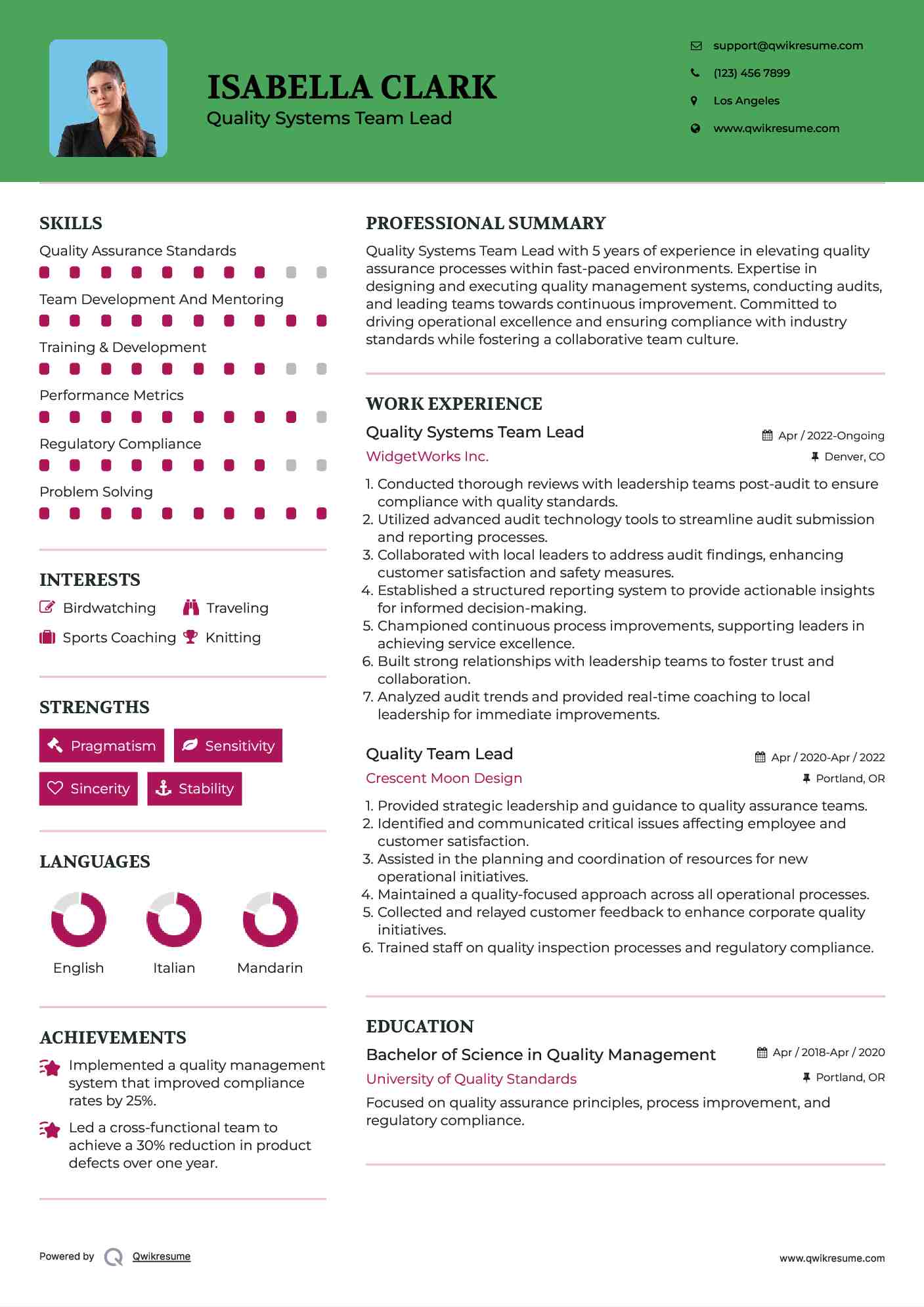 Quality Systems Team Lead Resume Template