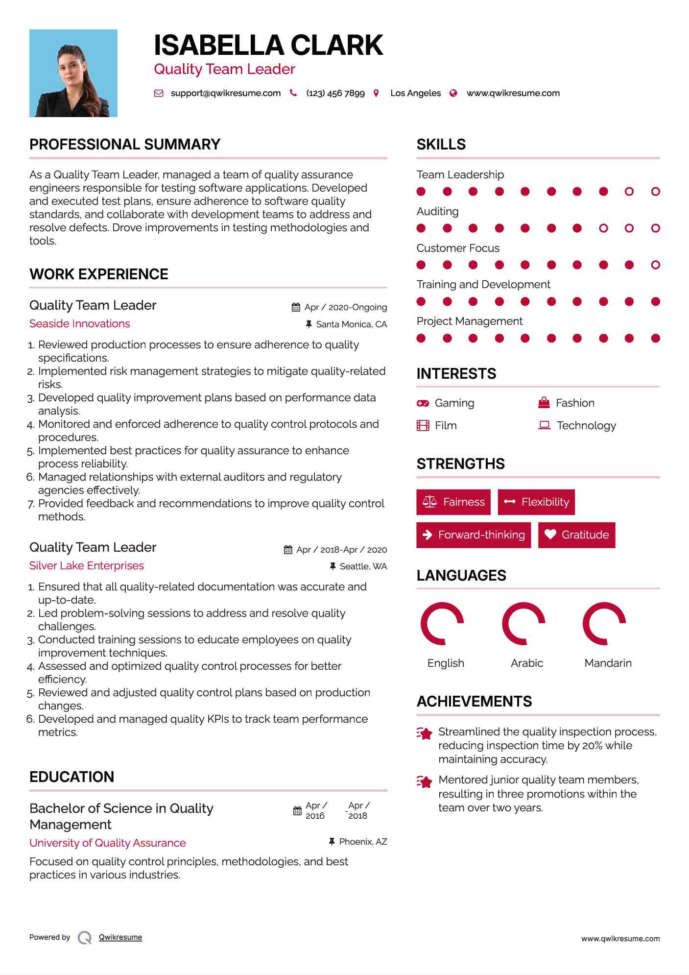 Quality Team Leader Resume Format