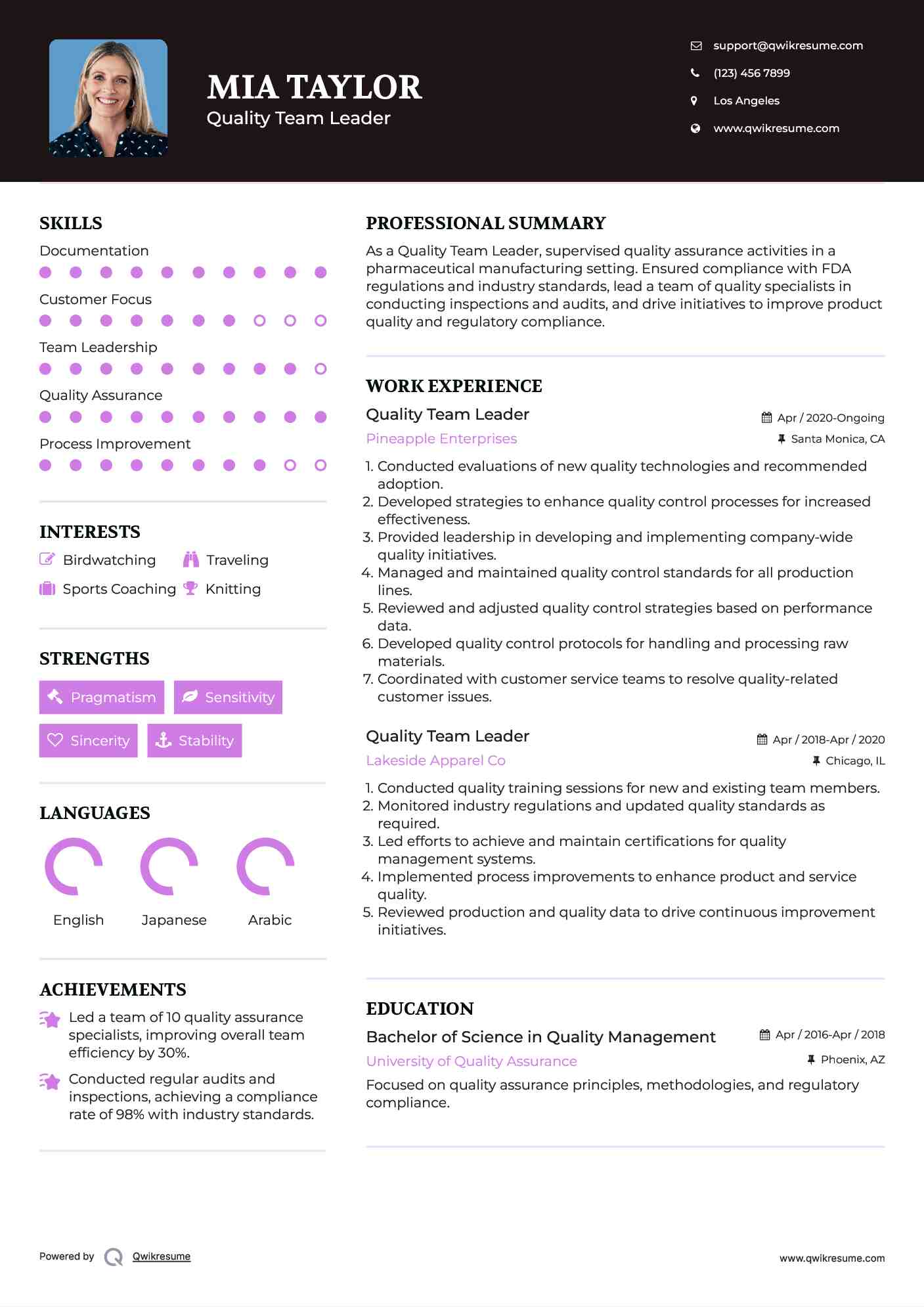 Quality Team Leader Resume Model