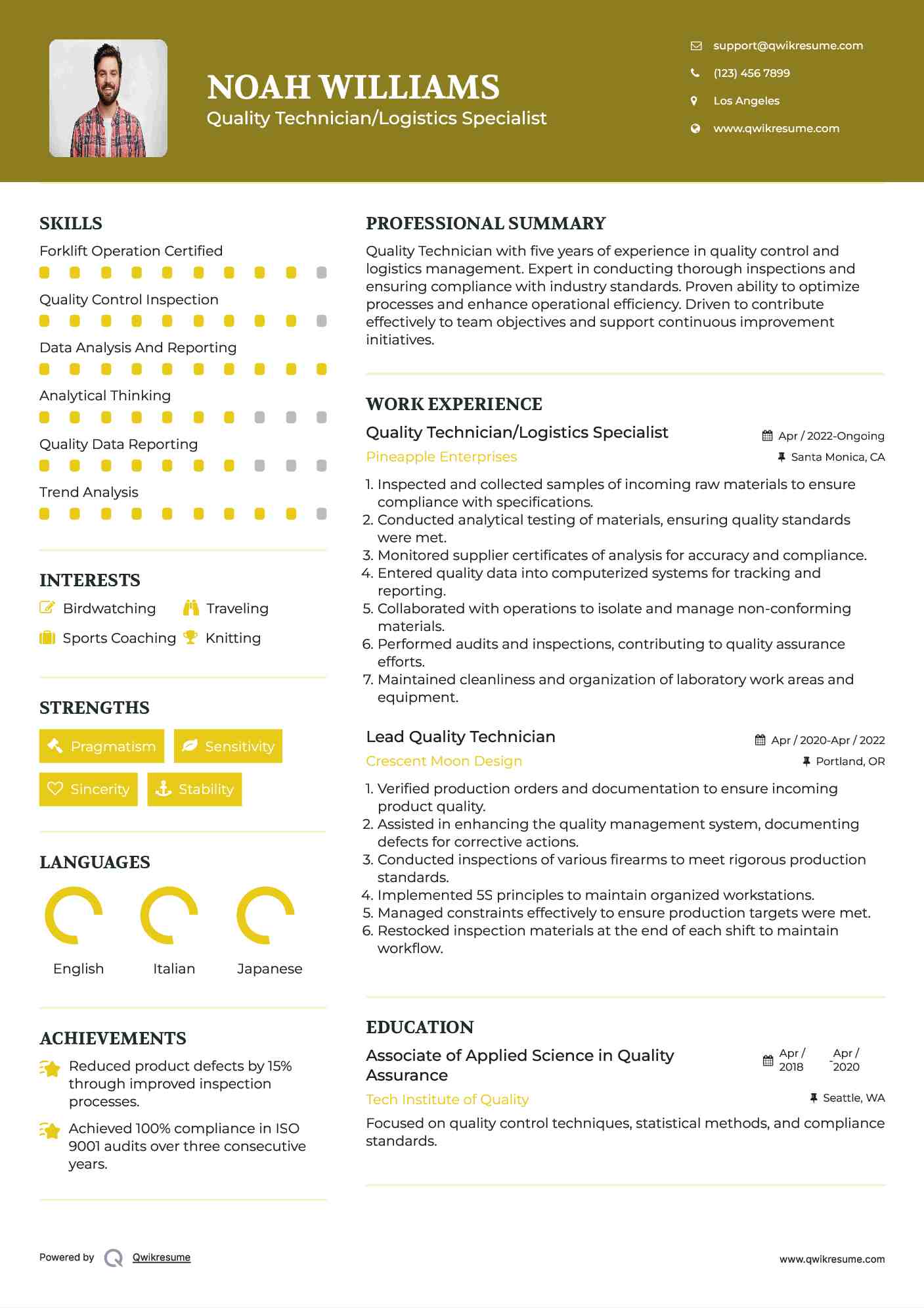 Quality Technician/Logistics Specialist Resume Model