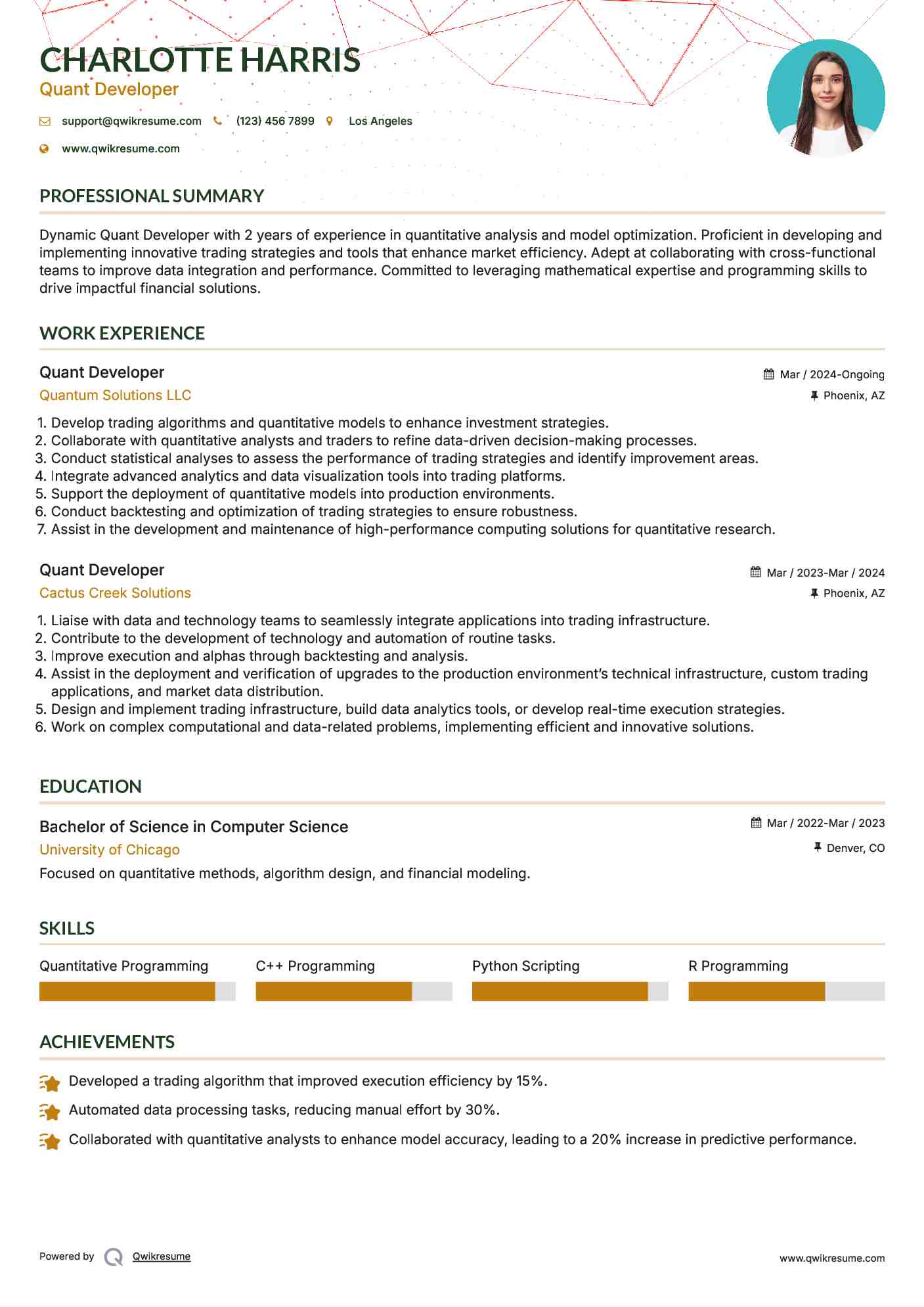 Quant Developer Resume Sample
