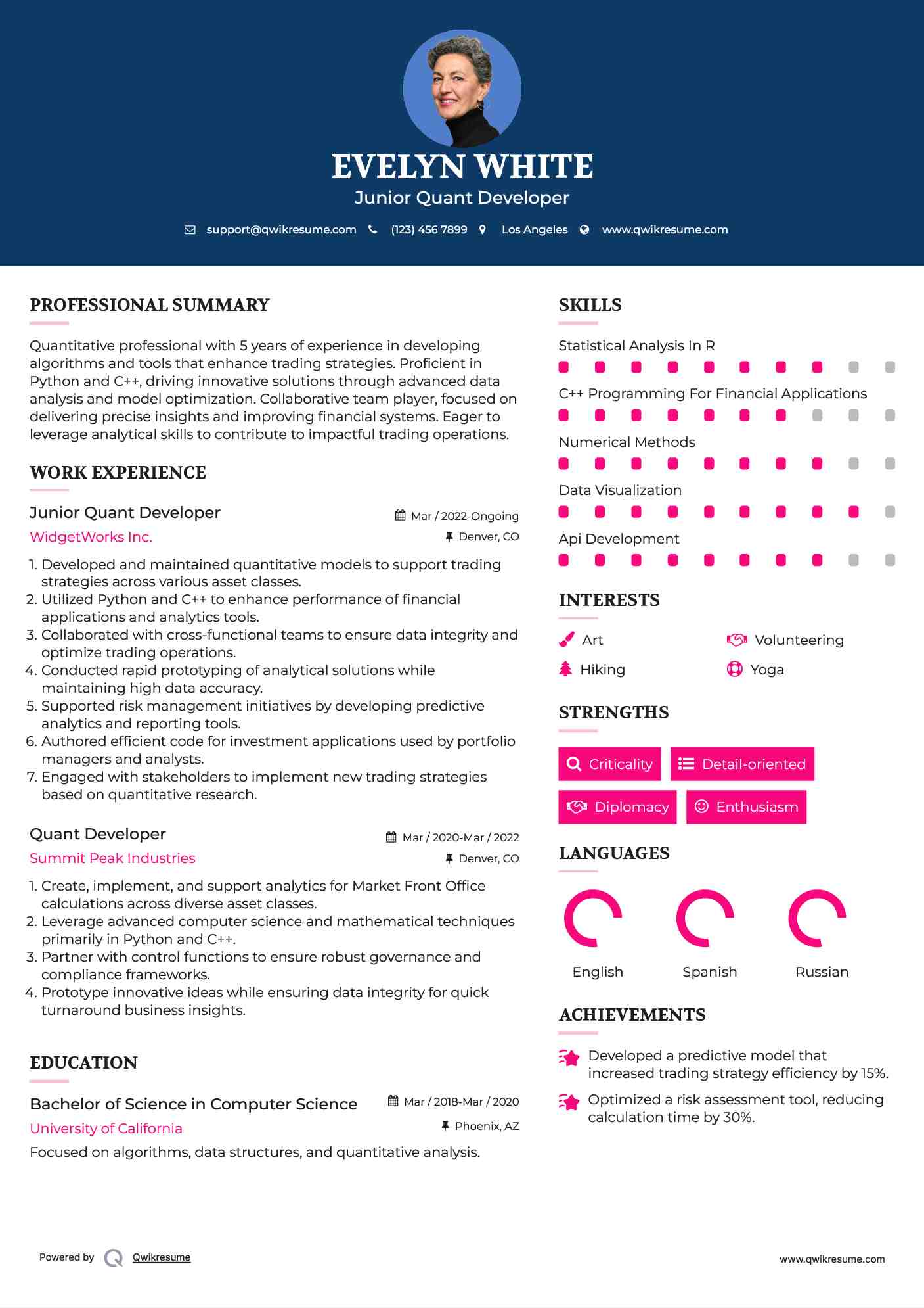 Junior Quant Developer Resume Example