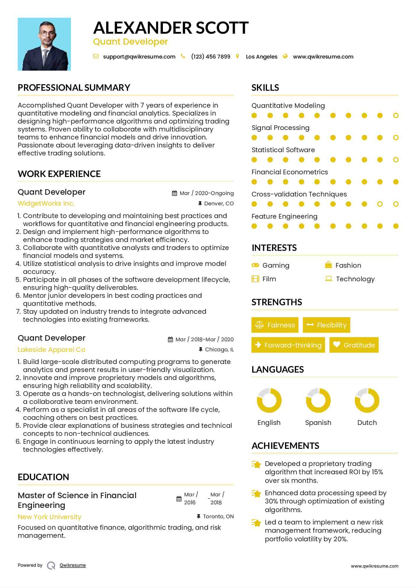 Quant Developer Resume Model