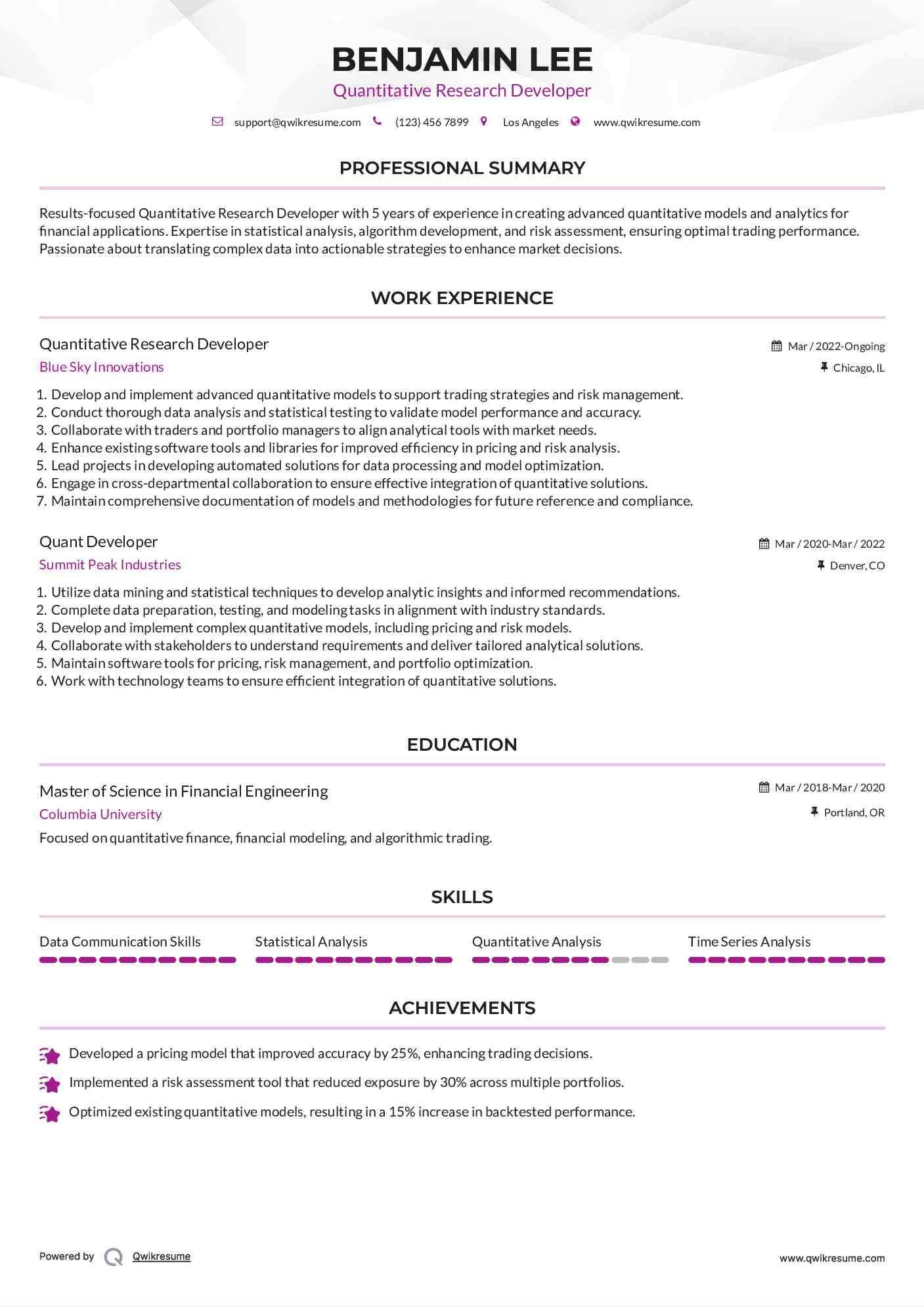 Quantitative Research Developer Resume Template