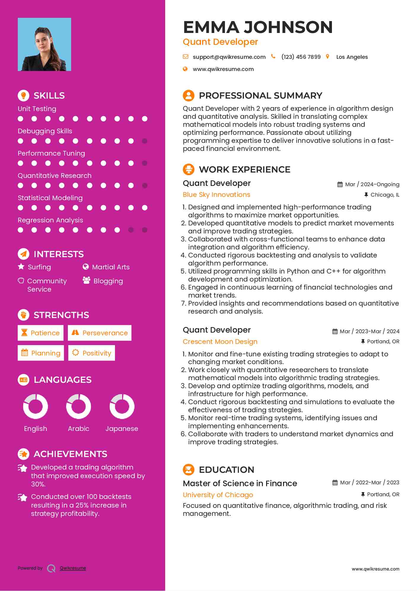 Quant Developer Resume Example