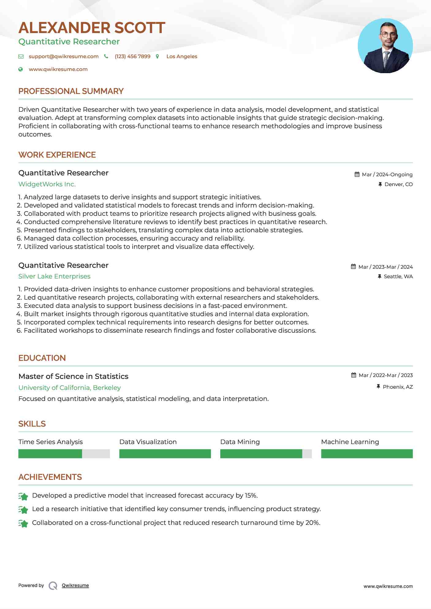 Quantitative Researcher Resume Example