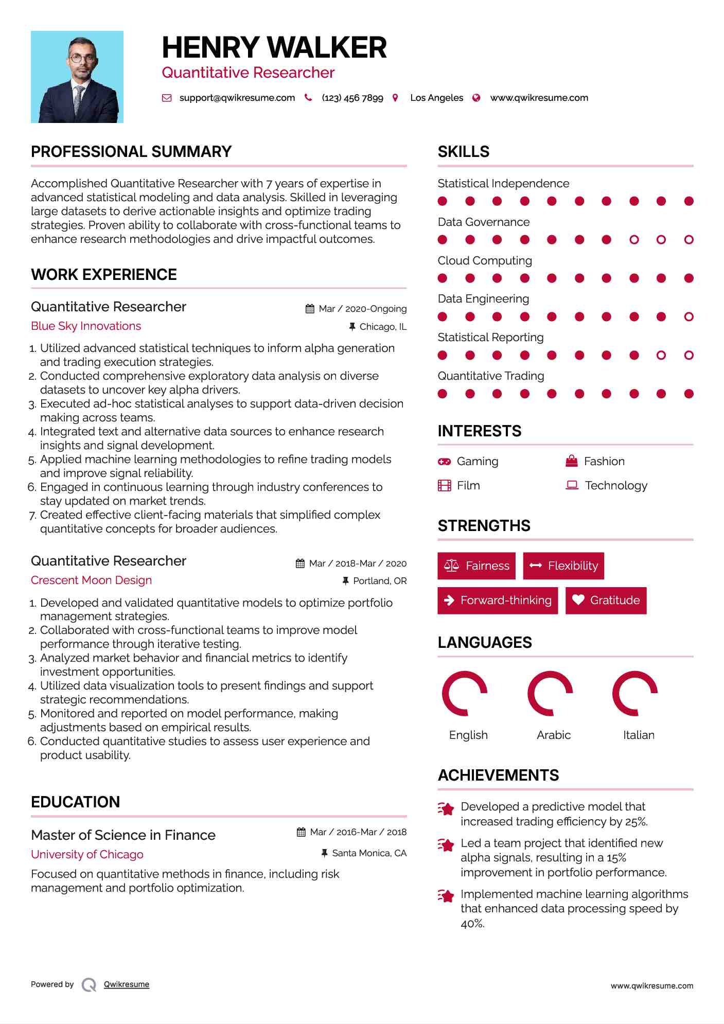 Quantitative Researcher Resume Example